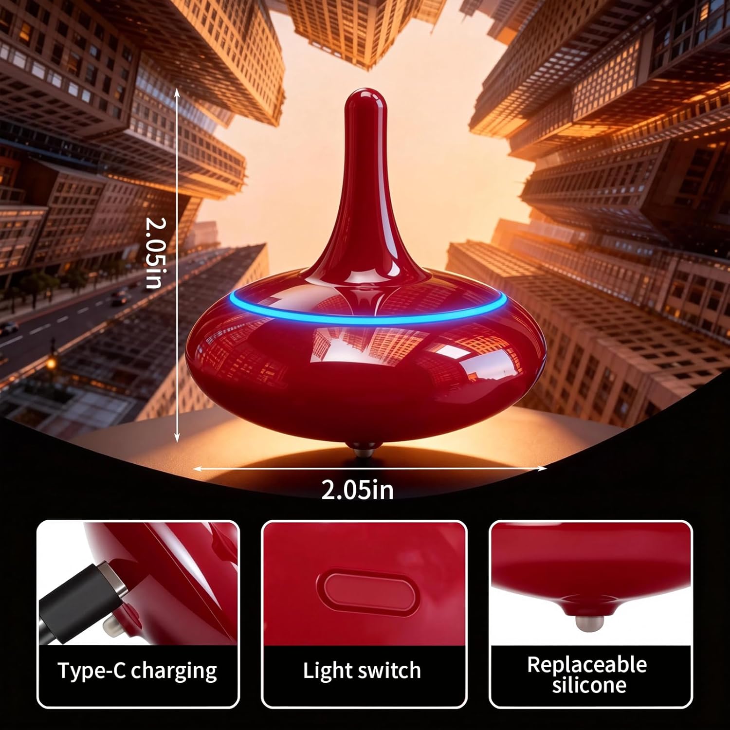 4-Hour Long Spin Rechargeable LED Spinning Top | Color Changing Light Show Fidget Toy | Electric Gyroscope for Focus & Stress Relief (Kids & Adults) - Perfect Desk & Home Gift, （Black + Red）