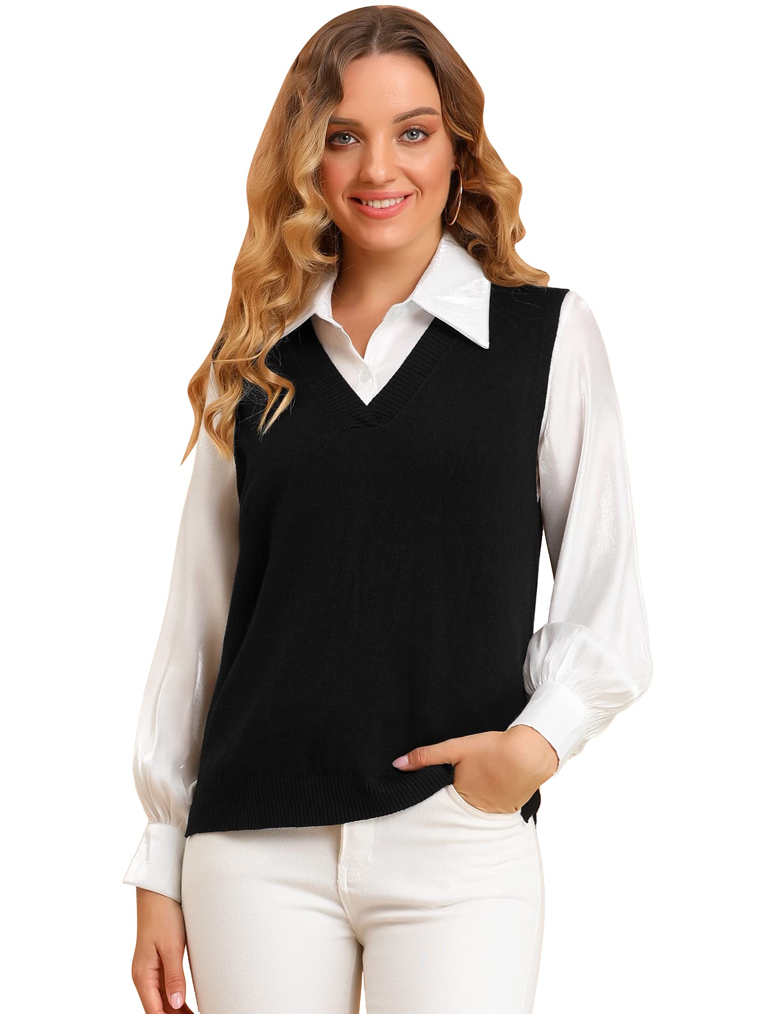 Allegra K Womens V Neck Sweater Vest Knit Pullover Sleeveless Sweater Top