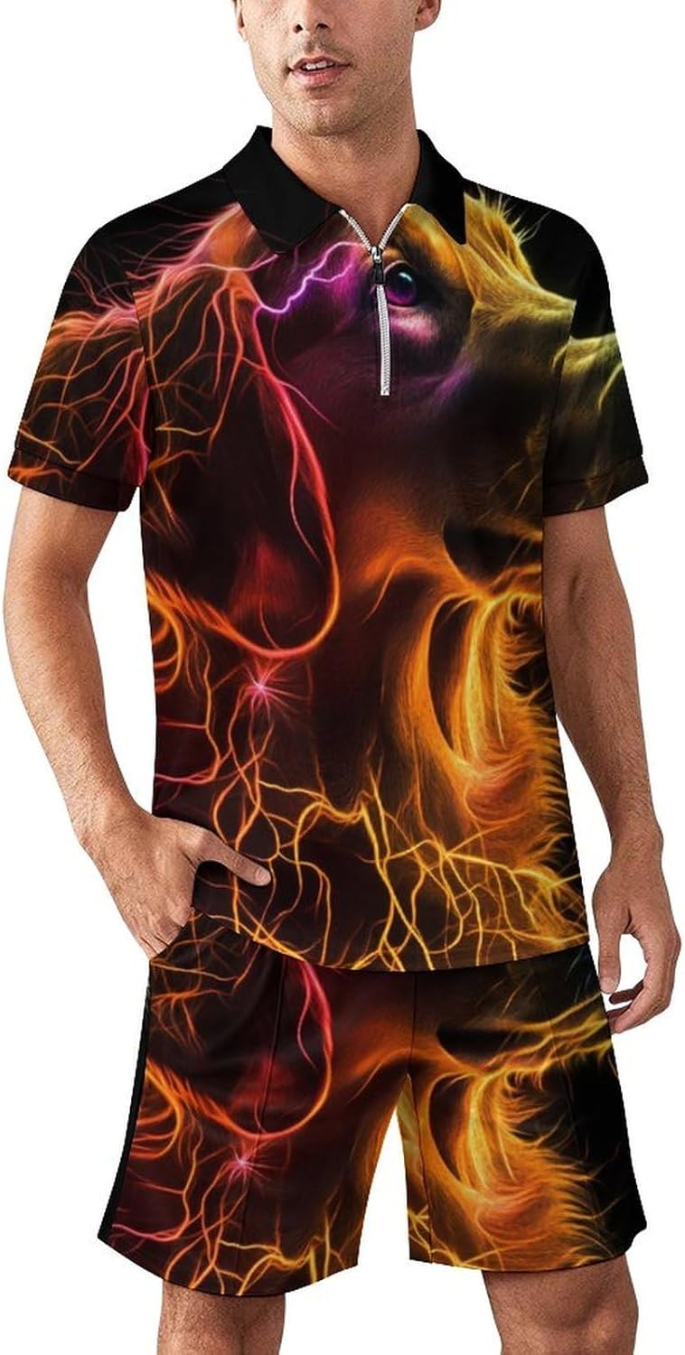 Thunder Retriever Dog Print Mens Polo Shirts Track Suits 2 Piece Short Sleeve Sweatsuit 1/4 Zip Golf Loungewear for Sports