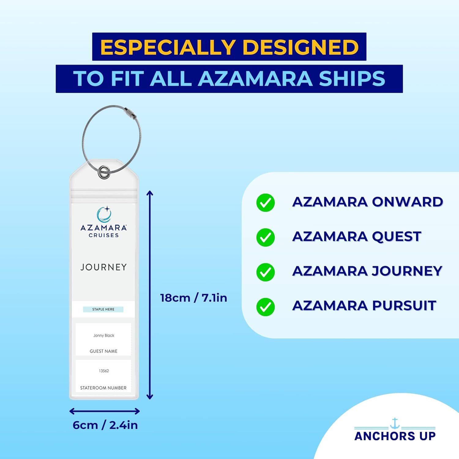 Azamara Cruise Luggage Tag Holders [4 Pack] – Waterproof, Durable Plastic with Steel Loops – Fits All Azamara Ships for Cruising in 2026, 2027 and 2028 – Cruise Essentials by Anchors Up