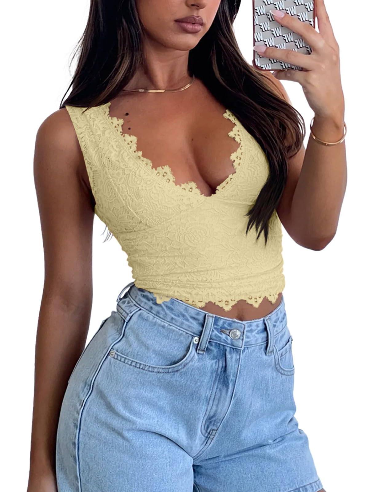 REORIA Womens Sexy V-Neck Sleeveless Double Lined Going Out Y2K Trendy Lace Cropped Tank Tops
