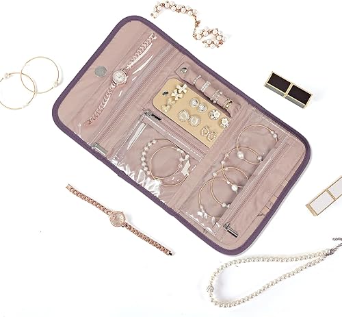 Miniatura 2 de BELALIFE Organizador de joyas de viaje, rollo de almacenamiento plegable para aretes, collares, anillos, pulseras, broches, morado