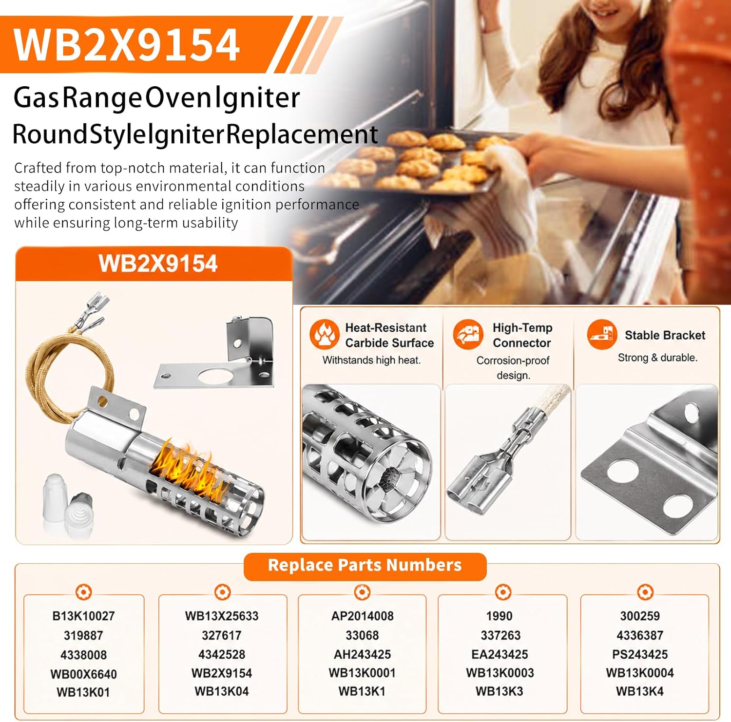 WB2X9154 WB13K10027 Oven Igniter Kit Round Gas Stove Ignitor Replacement for GE XL44 Complete Kit with Mounting Bracket & Wire Caps - Replaces AP2014008 PS243425 GR403 WB13K3(120V 2.5-3A)