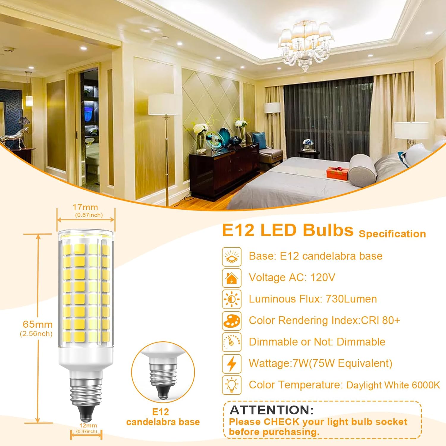 E12 LED Light Bulbs Dimmable 7W Equivalent to Halogen Bulb 75W-80W 730LM, E12 Candelabra Base JD T3 T4 Corn Light Bulb AC 120V for Kitchen Chandelier Lighting (Daylight White, 2 Pack)
