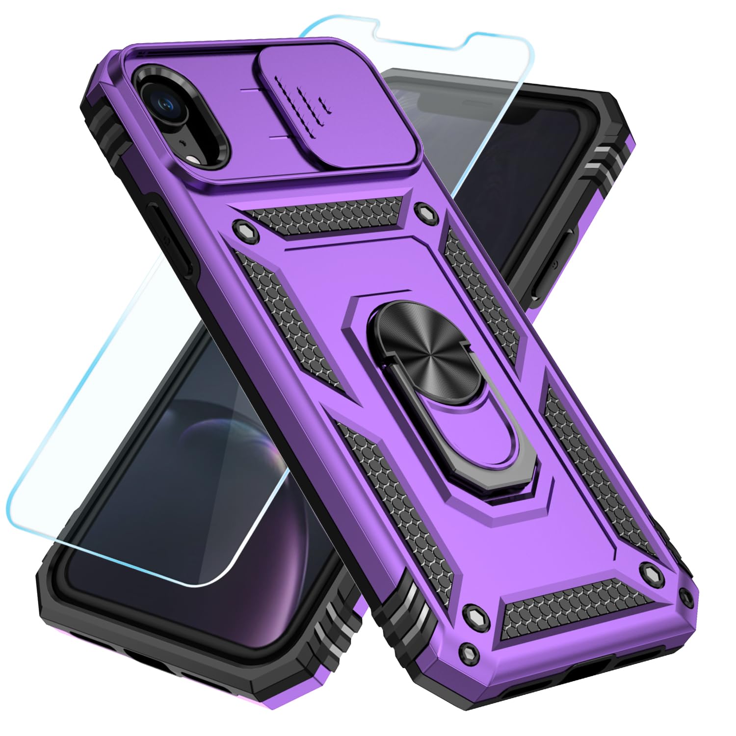 SunStory Compatible with iPhone XR Case with HD Screen Protector & Slide Camera Cover & Rotated Ring Kickstand, [Military-Grade] Phone Case for iPhone