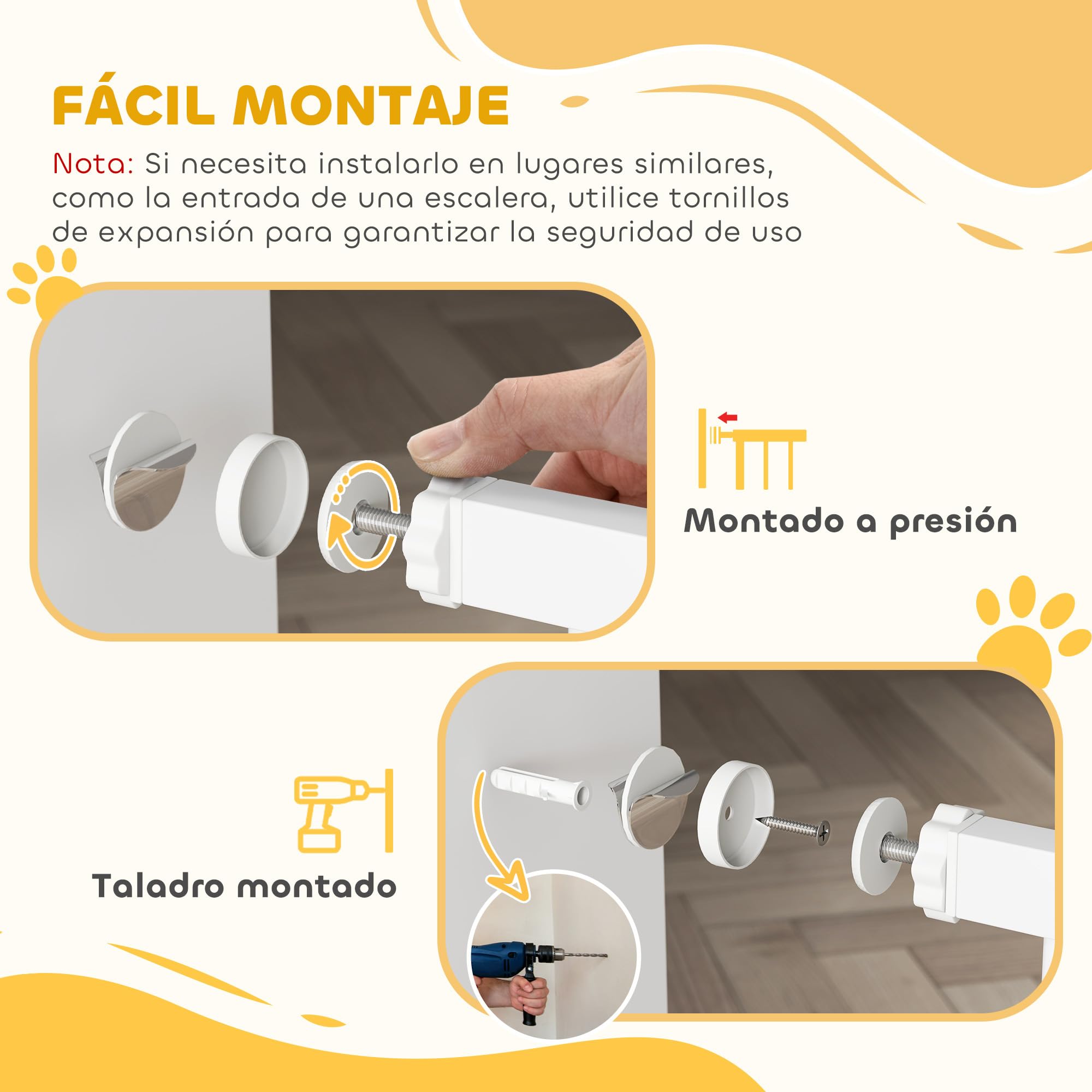 PawHut Barrera de Seguridad para Perros Extensible Puertas 75-85 cm Blanco | Para Escaleras, Barrera para Perros con Puerta Pequeña, Montaje a Presión, Doble Bloqueo