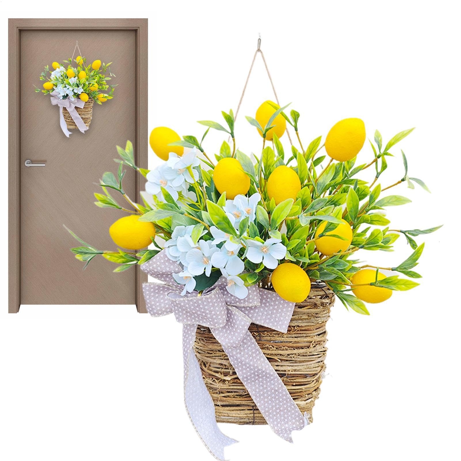 Couronne de panier de fleurs de citron artificielle pour décoration extérieure de porte