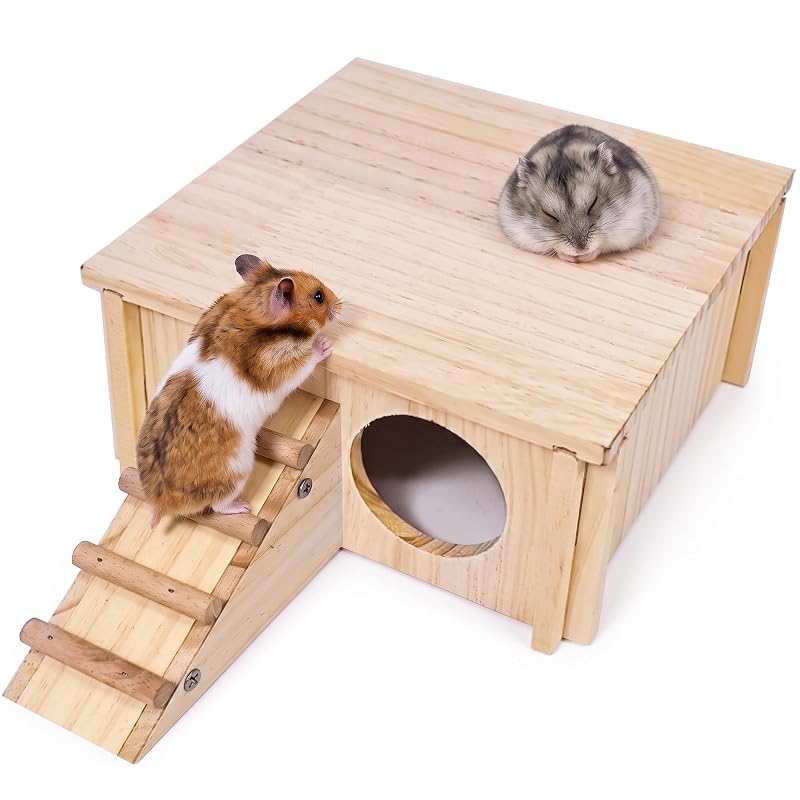 Casa para hamster de madeira com 2 níveis, plataforma e escada Hamiledyi – 20 x 20 x 9,5 cm