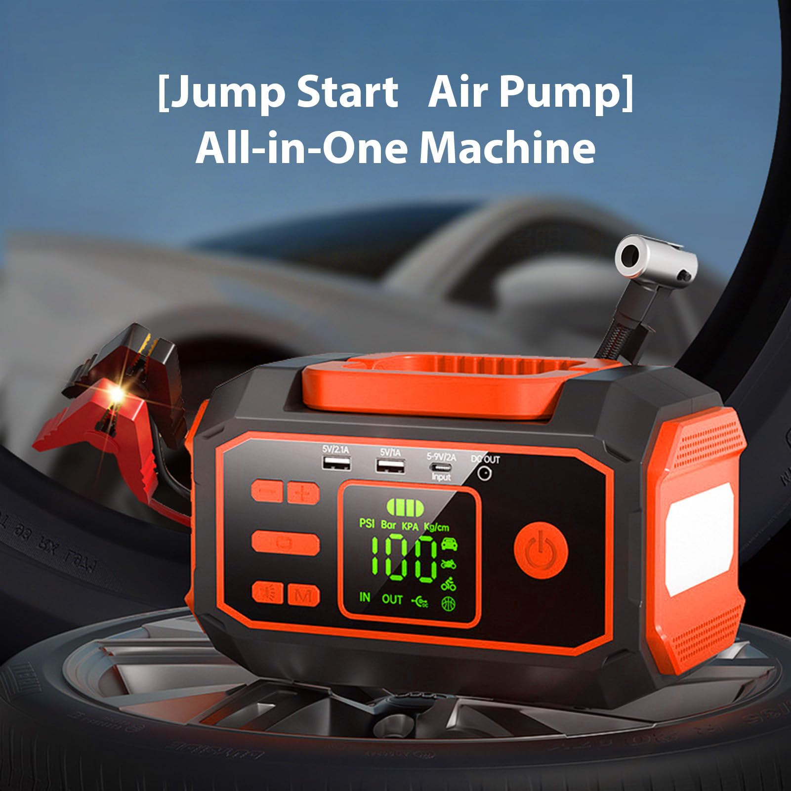 Gonfiatore di Pneumatici Portatile con Avviatore di Batteria 10000MAH per Conducenti Auto Camion Moto Avvia Motori Benzina Fino 6.0l e Fino 3.0l per Emergenze