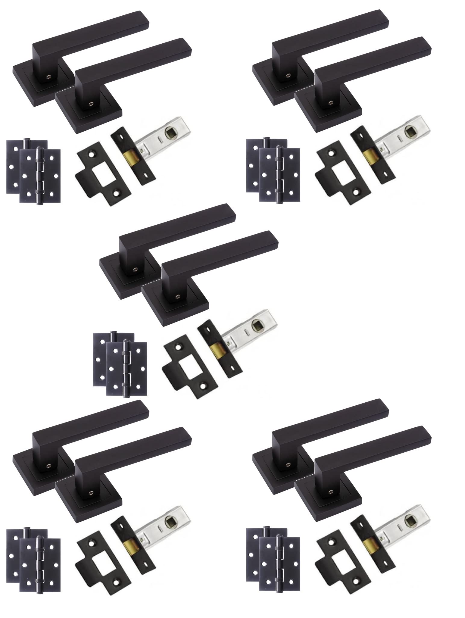 Golden Grace Delta Door Handles on Square Rose in Stunning Matte Black Finish Complete with 1 Pair of 3" Ball Bearing Hinges & 64mm Tubular Latch - 5 Pairs