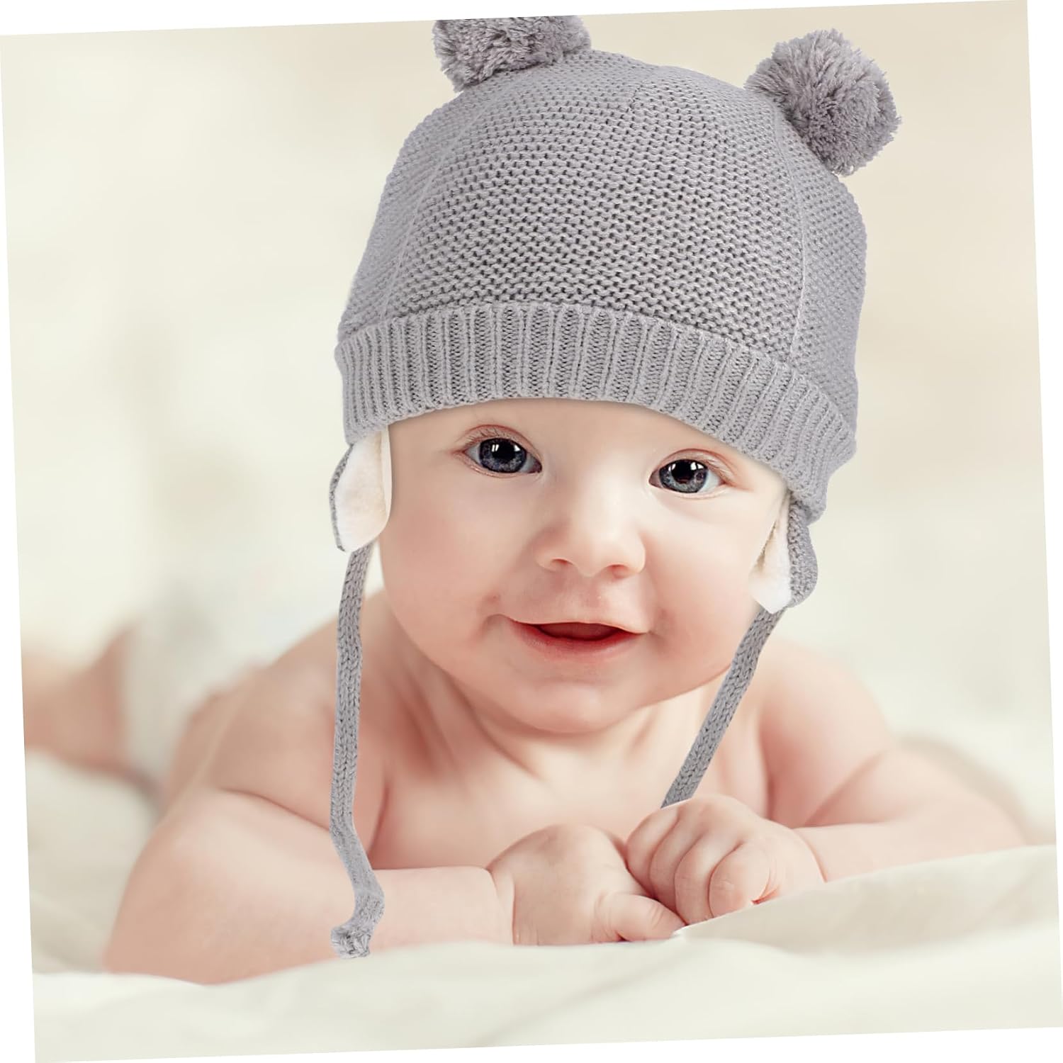 Toddler Winter Hat and Gloves Set with Pom Poms, Fleece Grey
