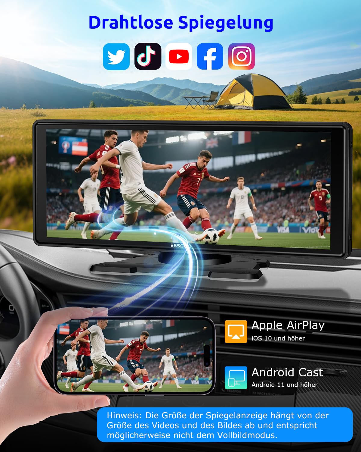 ESSGOO Carplay Android Auto Display10.26 Zoll,A-pple Carplay Bildschirm für AirPlay/Mirror Link,Car Multimedia Player mit Wireless Touchscreen,GPS Navigation,Bluetooth5.3,Sprachassistent,AUX,Autoradio