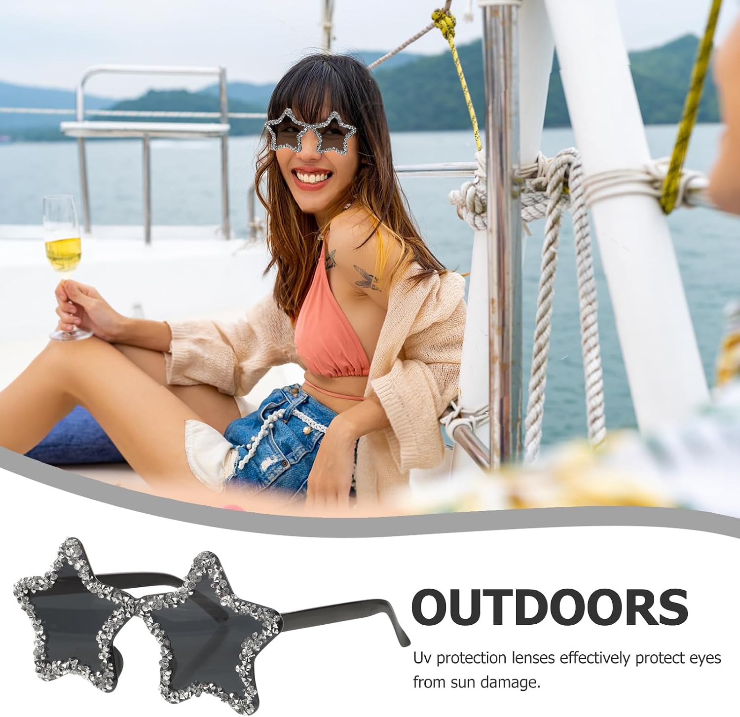 2PCS Rhinestone Studded Star Shaped Sunglasses - Rimless Five Pointed Novelty Star Eyewear - Trendy Women Party Glasses for Dance, Cosplay Accessories