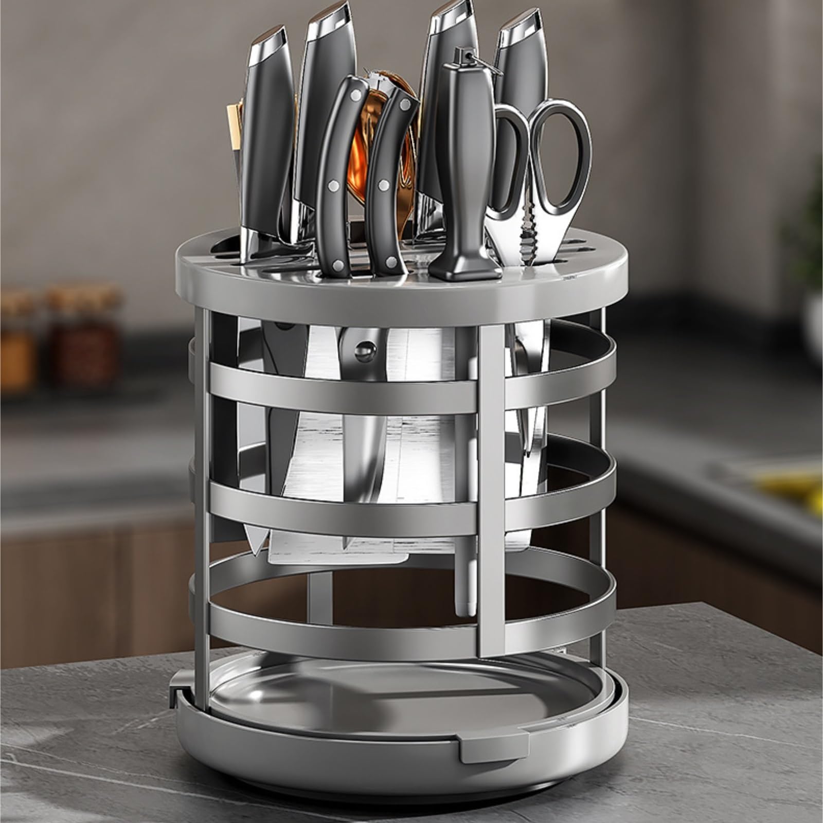 Bloque para Cuchillos Utensilios De Cocina Soporte Giratorio De 360° For Cuchillos, Organizador Cocina con Bandeja Extraíble Herramientas(Gray)