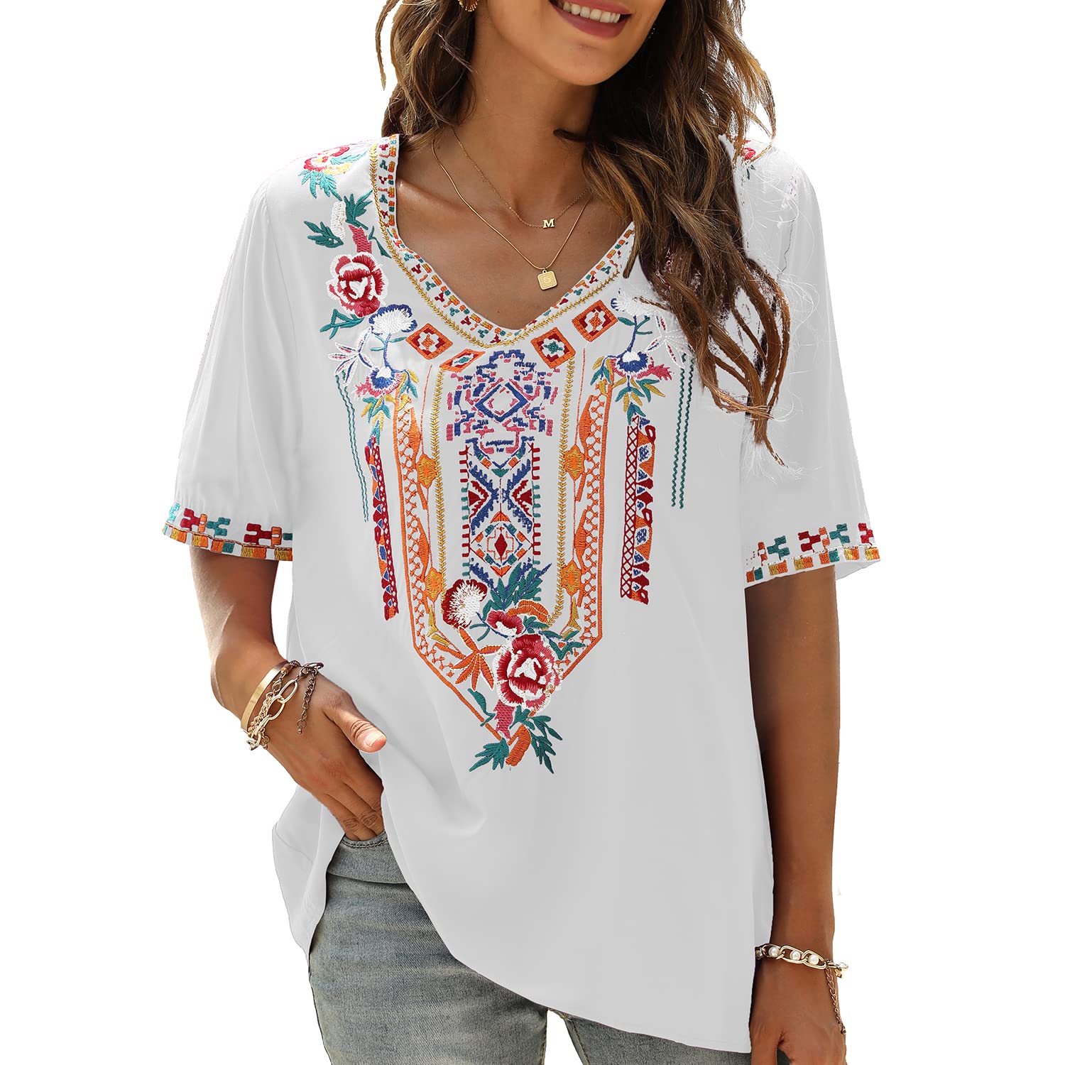 Seasonal Maglietta da Donna con Ricamo della Boemia, con Scollo a V, a Maniche Corte