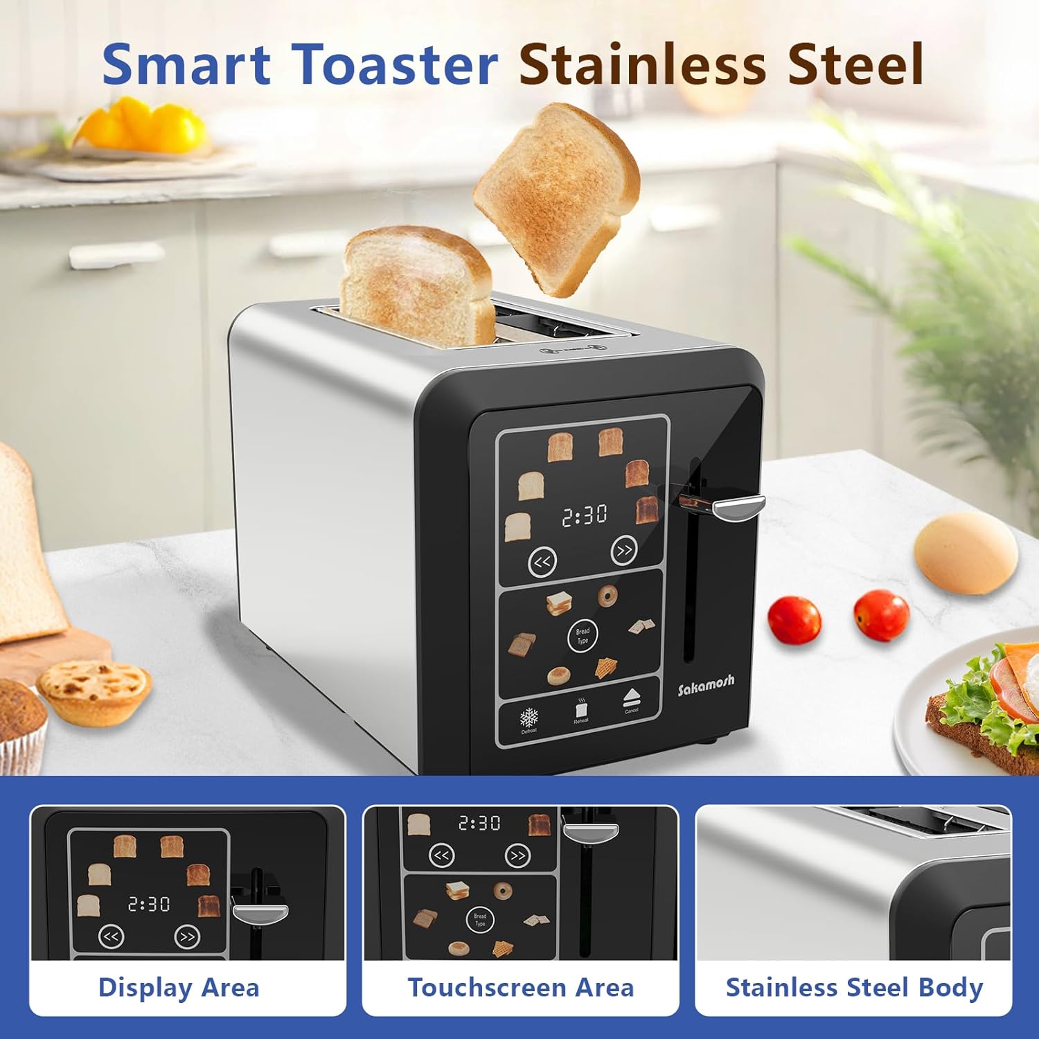 Touch Screen Toaster 2 Slice, Smart Digital Toasters, 6 Browning Levels & 6 Bread Types, Bagel Memory Function, Timer, Stainless Steel, 800W - Image 7