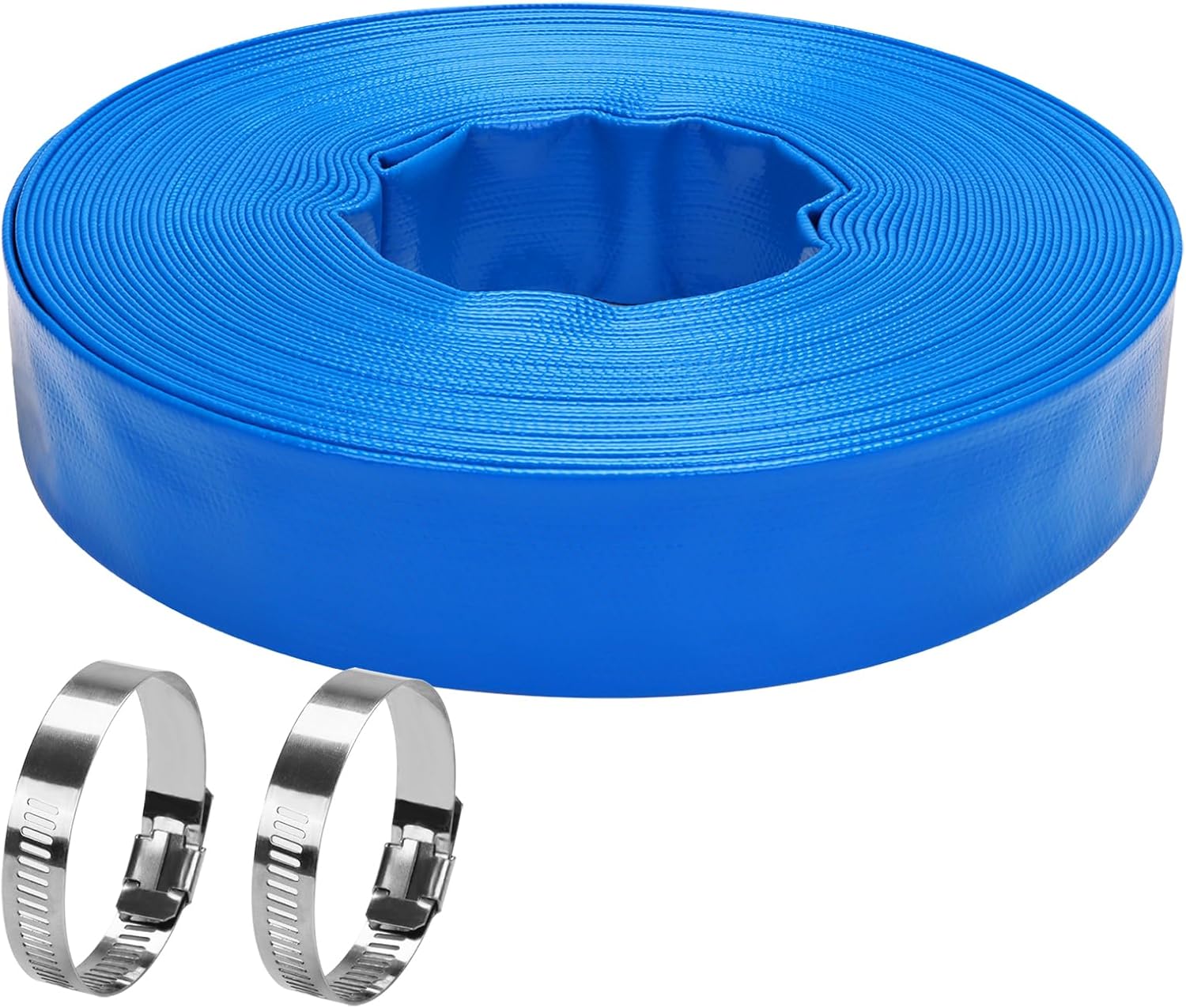 Lay-Flat Pool Backwash Hose - 1.5" x 100Ft Reinforced Heavy Duty PVC Discharge Hose Weather-Proof Vinyl Pool Drain Hose for Water Transfer with 2 clamps