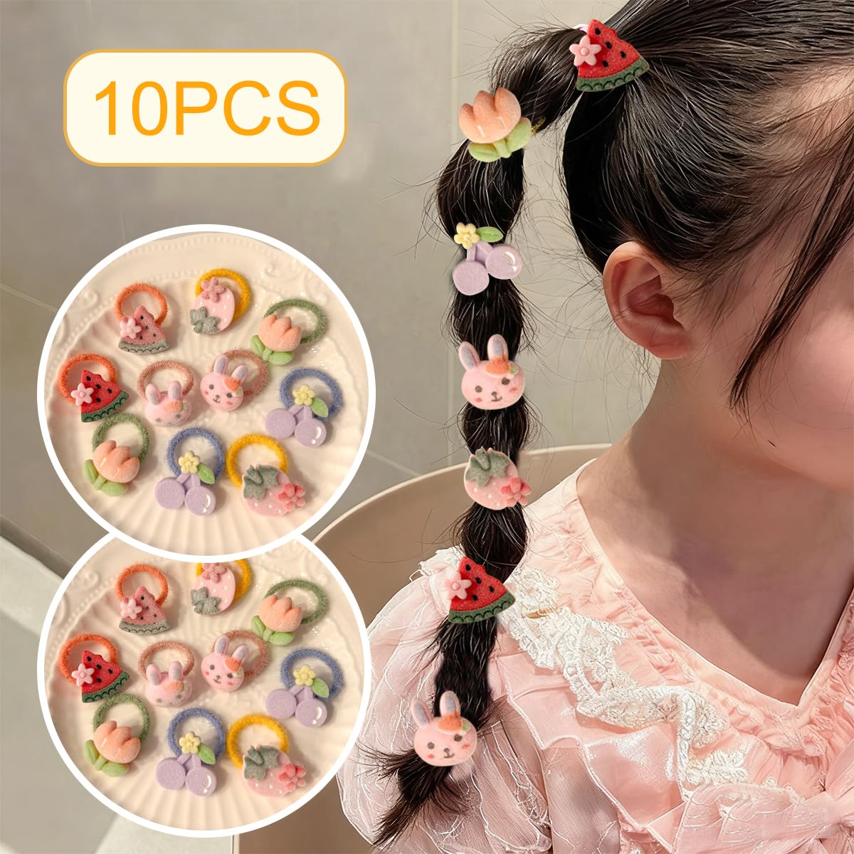 10Pcs Cute Cartoon Hair Ties for Girls Sweet Hair Band Rabbit Flower Watermelon Strawberry Cherry Elastics Rubber Bands Ponytail Holder Cute Hair Accessories for Kids Hair Ropes Holiday Party Favor image 5