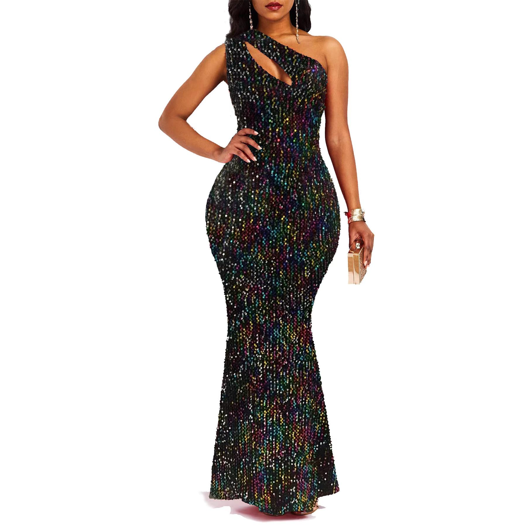 VERWIN Sequins Fashion Sleeveless Oblique Collar Mermaid Women's Maxi Dress Bodycon Dress Party Dress