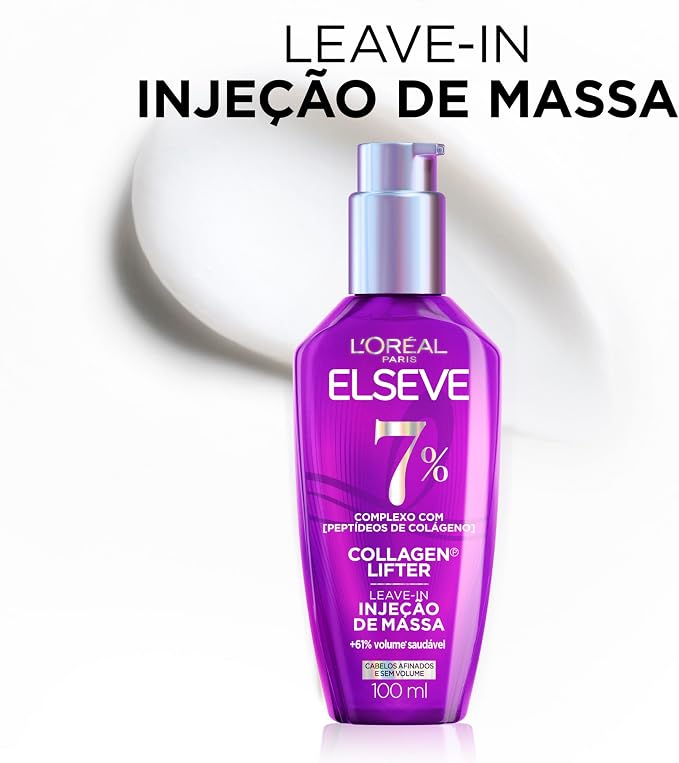 Frasco do produto Elseve Collagen Lifter posicionado à frente de uma textura cremosa branca