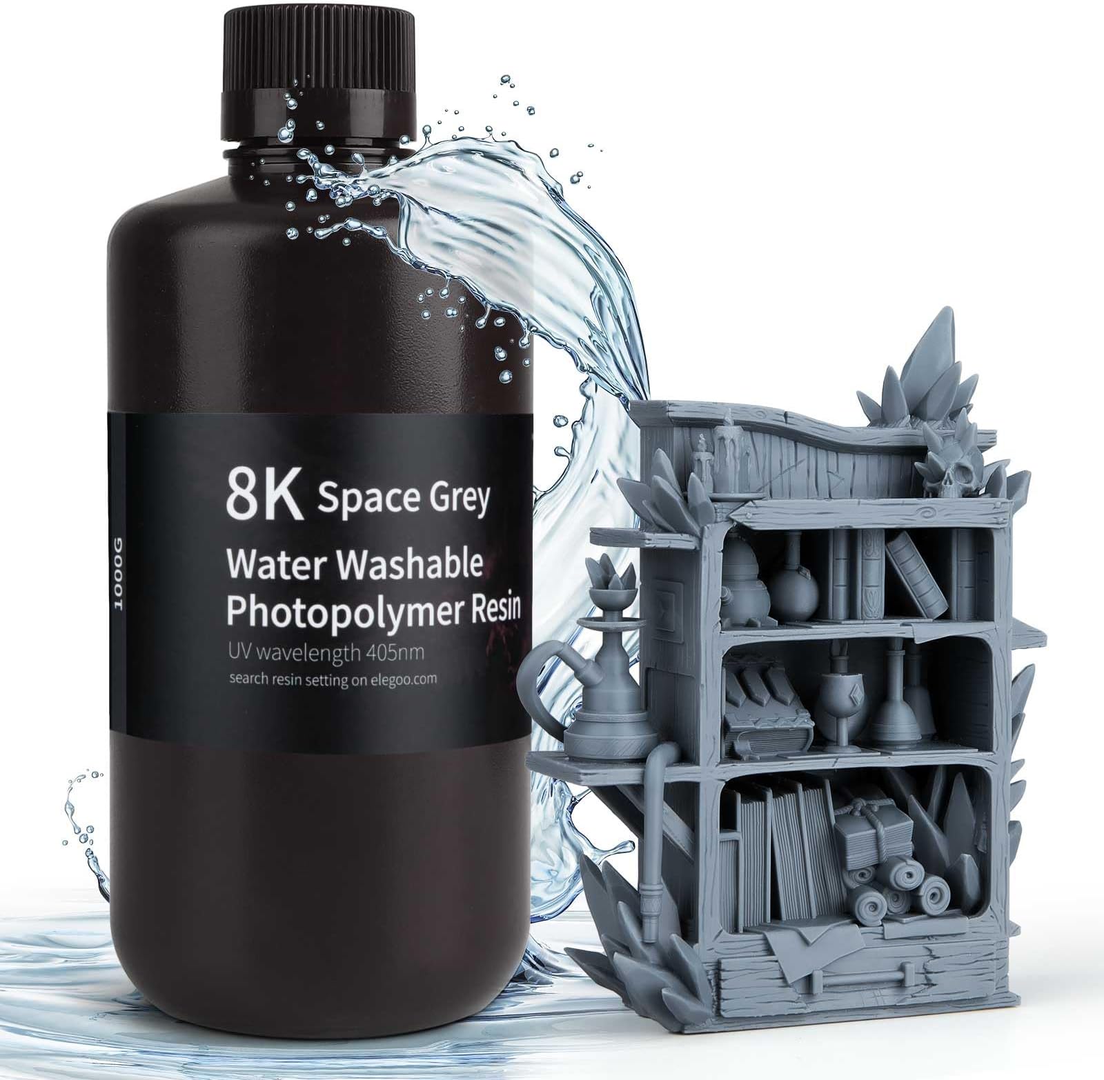 ELEGOO 8K Water Washable Photopolymer Resin 405nm LCD UV Curing Resin Best for Saturn 2 8K LCD 3D Printer, Space Grey 1000G
