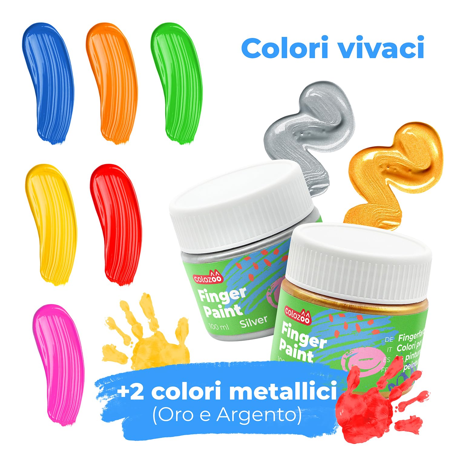 colozoo Colori a Dita per Bambini Atossici Inc. accessori | Tempere Lavabili per Bambini 8x100ml Colori Inc. Oro e argento | Senza Parabeni, Glutine e Lattosio, a Base D'acqua, Vegano