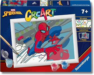 Ravensburger - CreArt Spider-Man, Kit de pintar por números niños +7 años | Kit completo con lámina 14x19 cm, colores, pin...