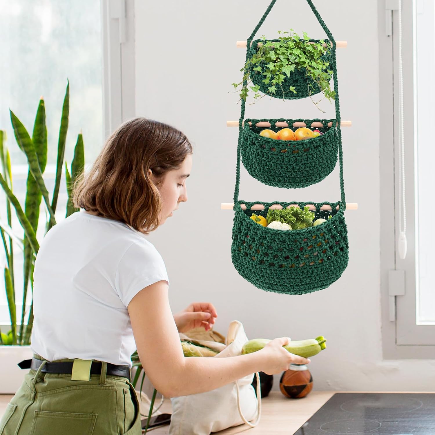 3 Tier Hanging Fruit Basket, Woven Jute Wall Hanging Basket for Organizing Fruit Vegetable Storage, Boho Wall Baskets for Kitchen Bedroom Living Room