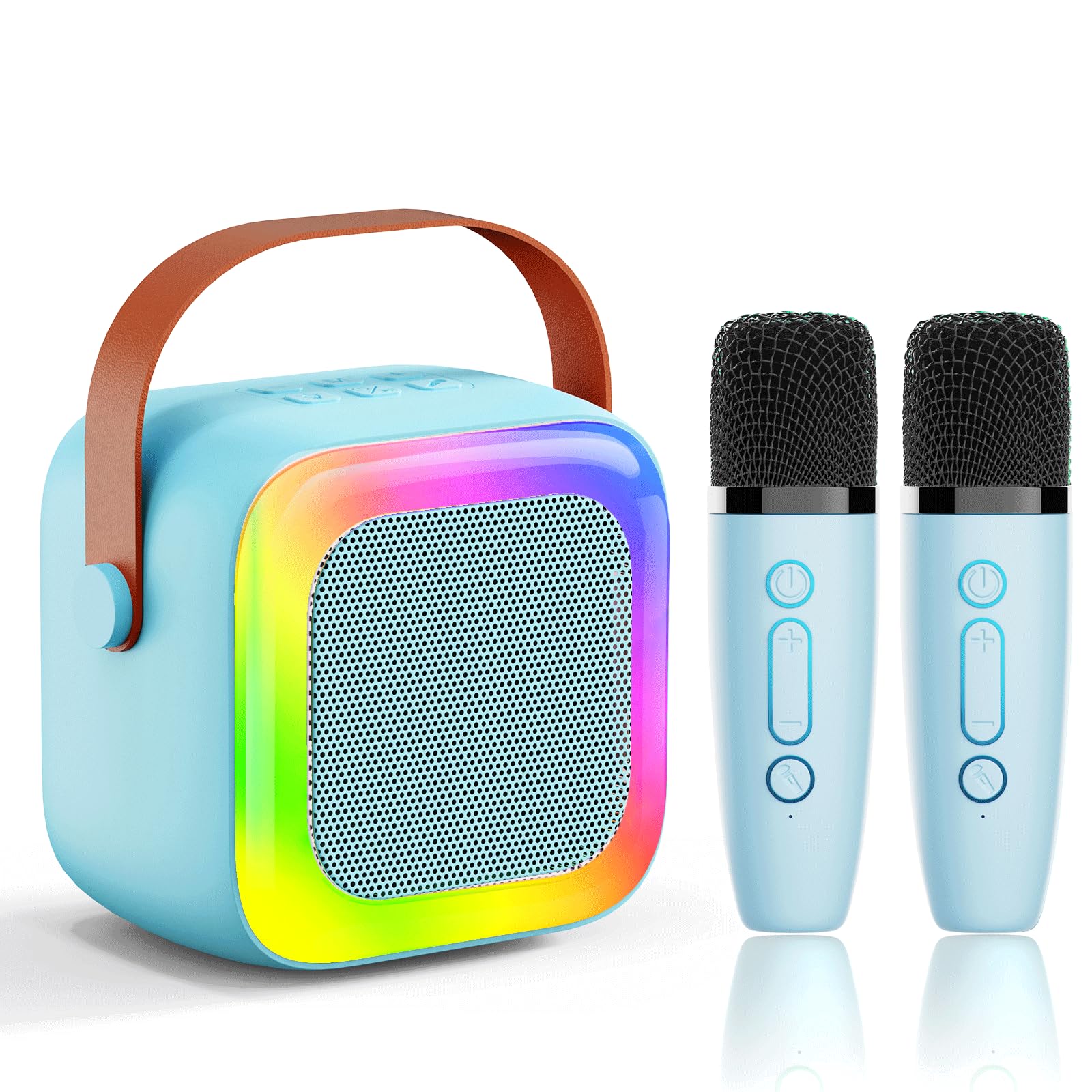 SECULEAD Mini Karaoke Machine for Kids & Adults, Portable Bluetooth Speaker with 2 Wireless Microphones, Magic Voice Effects, Colorful Light Show, Blue, Fun & Portable