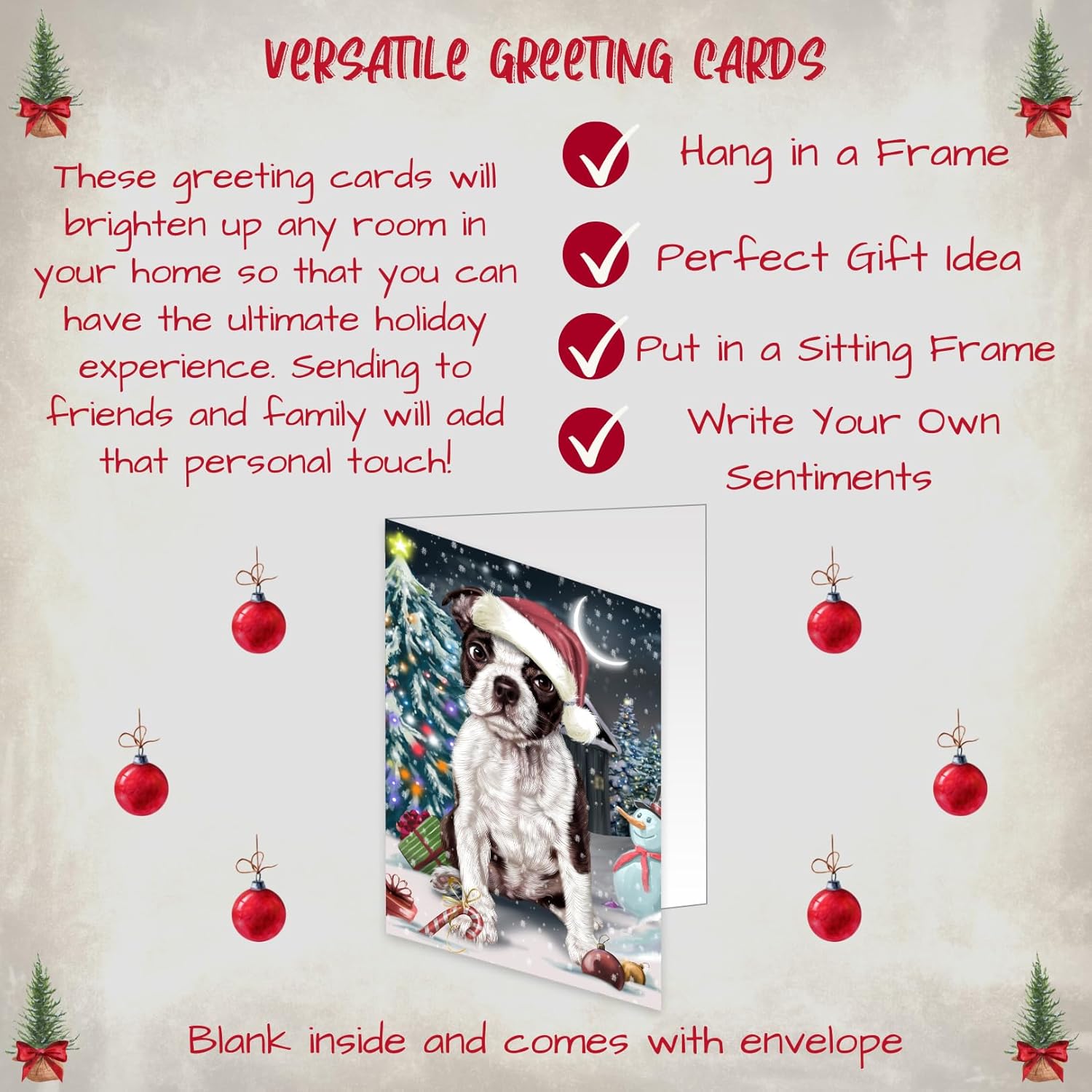 Doggie of the Day Holly Jolly Holidays Boston Terrier Dog Note Cards - Adorable Pets Invitation Cards with Envelopes - Pet Artwork Christmas Note Cards GCD2280 (10 Greeting Cards)