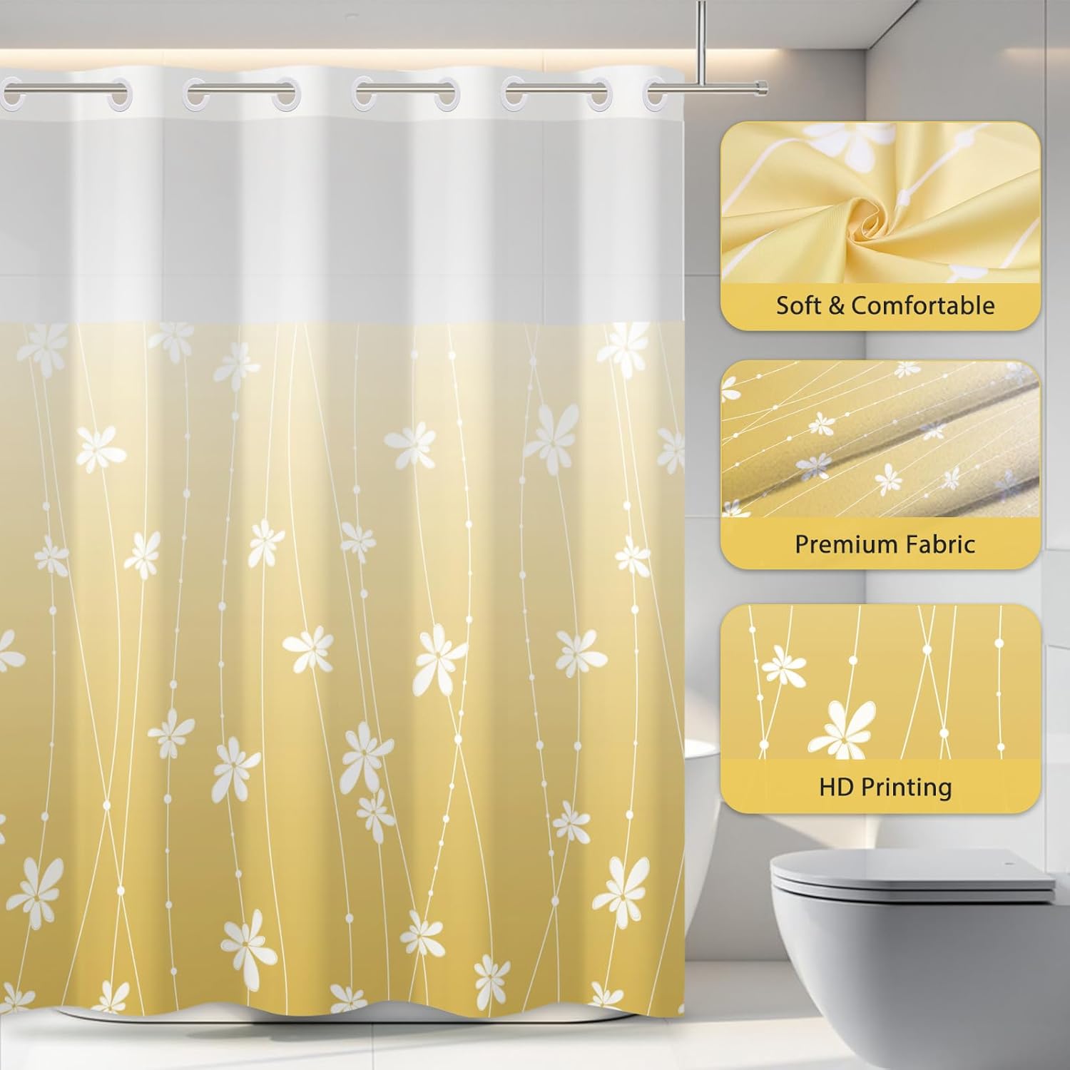 No Hook Shower Curtain with Snap-in Liner, Yellow Ombre Bathroom Shower Curtains with Liner Set, Waterproof & Washable, Mesh Top Window, 59" W x 79" L