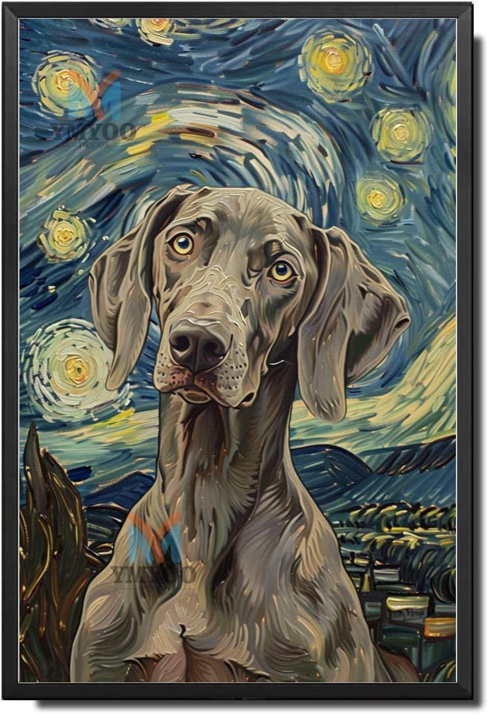 Ymyoo Canvas Painting Weimaraner Starry Night Weimaraner Graceful Weimaraner In a Night Sky For Home Lodge And Seasonal Displays Bedroom Decor For Bed Room Decoration 8×12 Inches With Metal Frame
