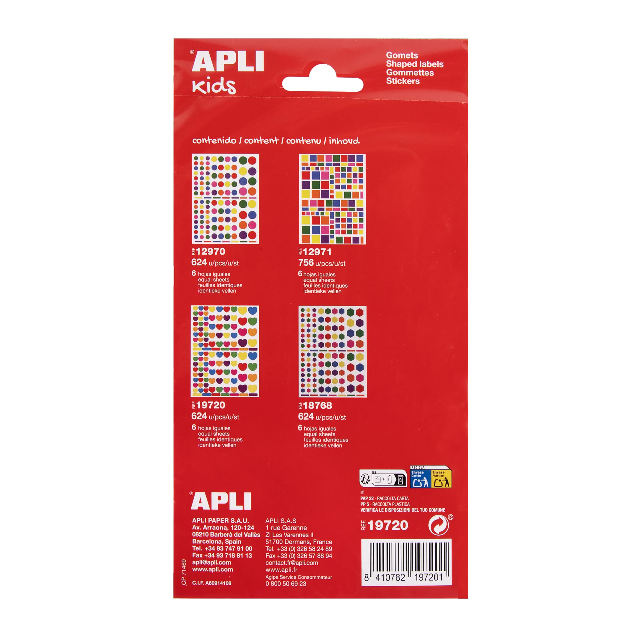 APLI Kids Gommettes En Forme De Cœurs - 624 Autocollants Repositionnables - 6 Feuilles Multicolores