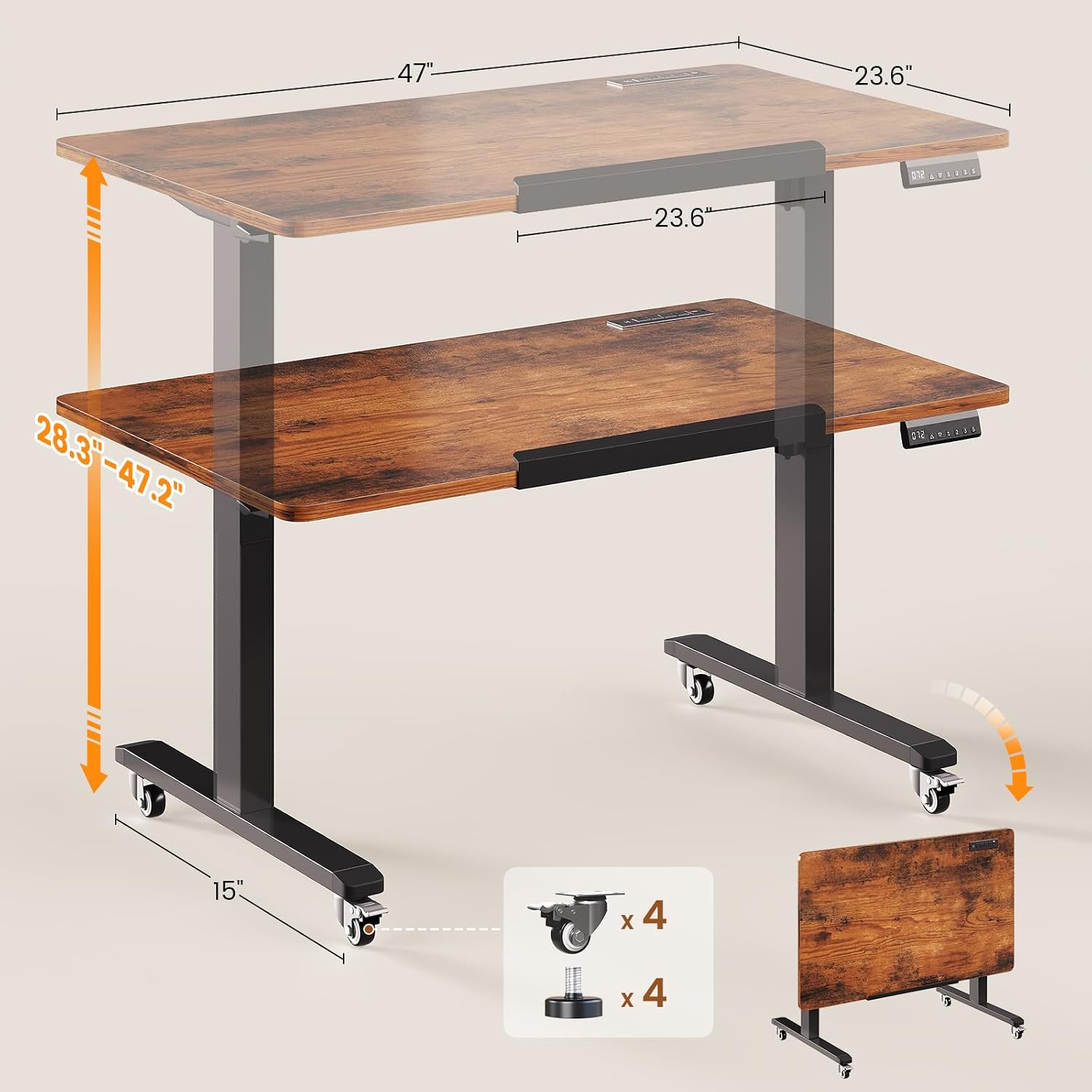 Diagram showing the height adjustment range of the SEDETA Electric Standing Desk from 28.3 inches to 47.2 inches, and its foldable design.