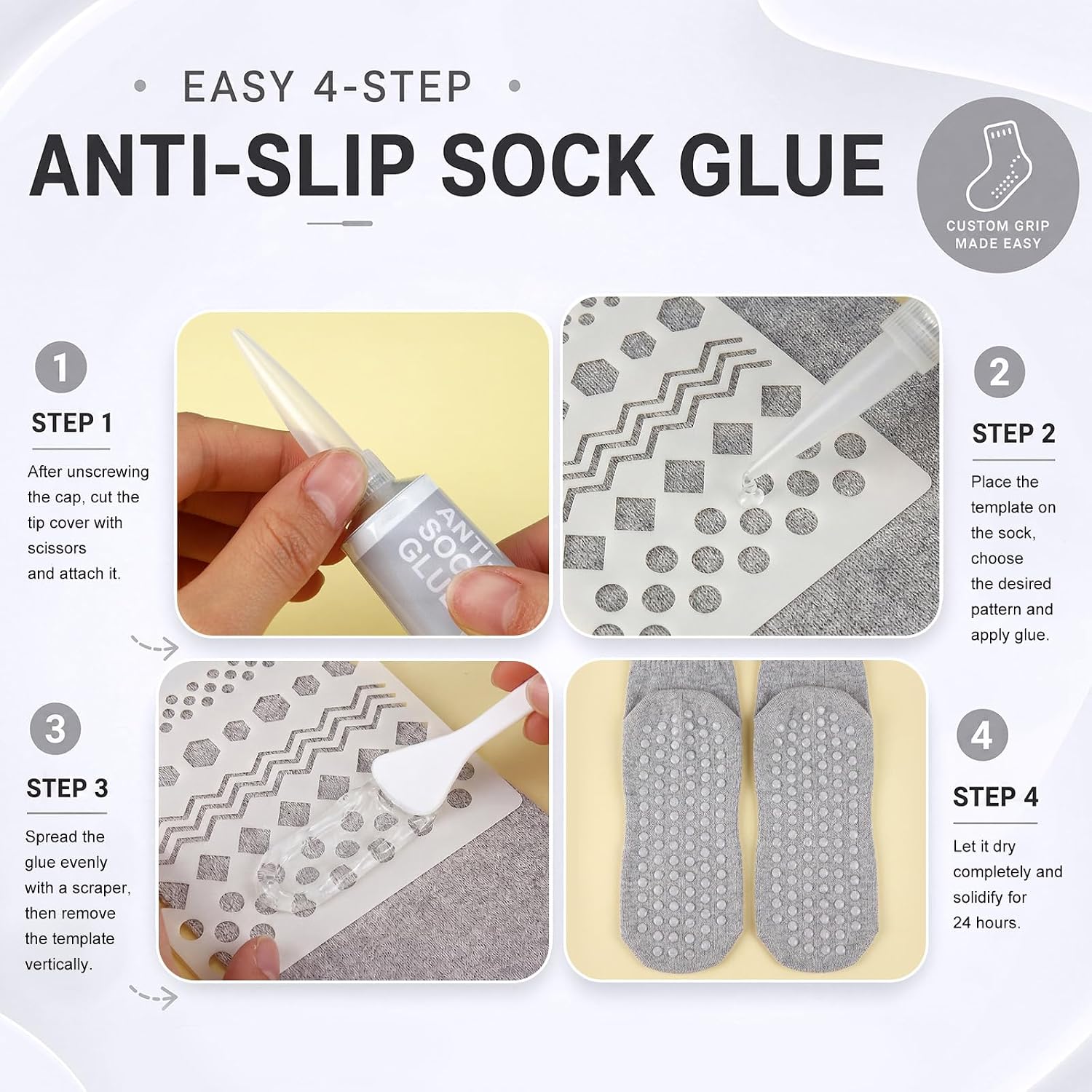Anti-Slip Sock Stop Glue Kit 2 Pack 50ml Waterproof Sock Glue with Precision Nozzle Scraper Stencil, Washable Anti Slip Adhesive Fabric Paint for DIY Yoga & Hospital Socks, Rugs(Clear)