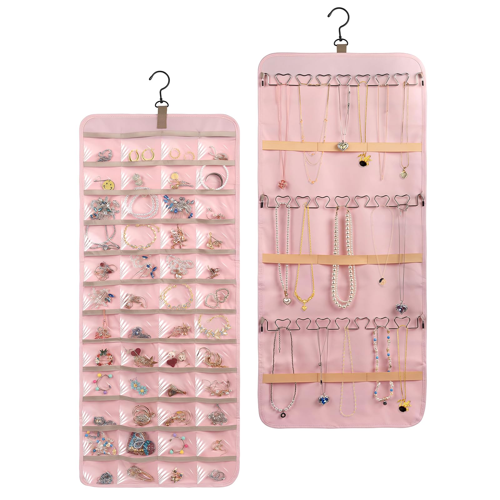 Jewelry Organizer Hanging, Dual-sided Hanging Jewelry Organizer Holder with Metal Hooks, 36 Pockets 3 Wave-Shaped Hooks, for Jewelry Earring Necklace Bracelet Ring Storage Travel on Closet Wall Door
