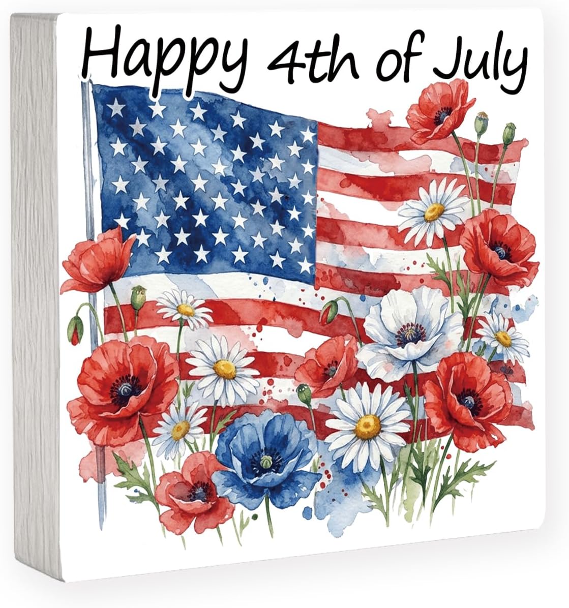 4th of July Table Decorations - Flower Patriotic Table Decorations Red White and Blue Wood Box Wooden Sign for Table Bathroom Home Shelf Office Decor 5×5 Inch