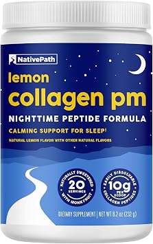 NativePath Collagen PM Sleep Powder, Lemon - Melatonin, Magnesium, GABA & L-Theanine with 10g Grass-Fed Collagen - 20 Servings, Nighttime Recovery Drink