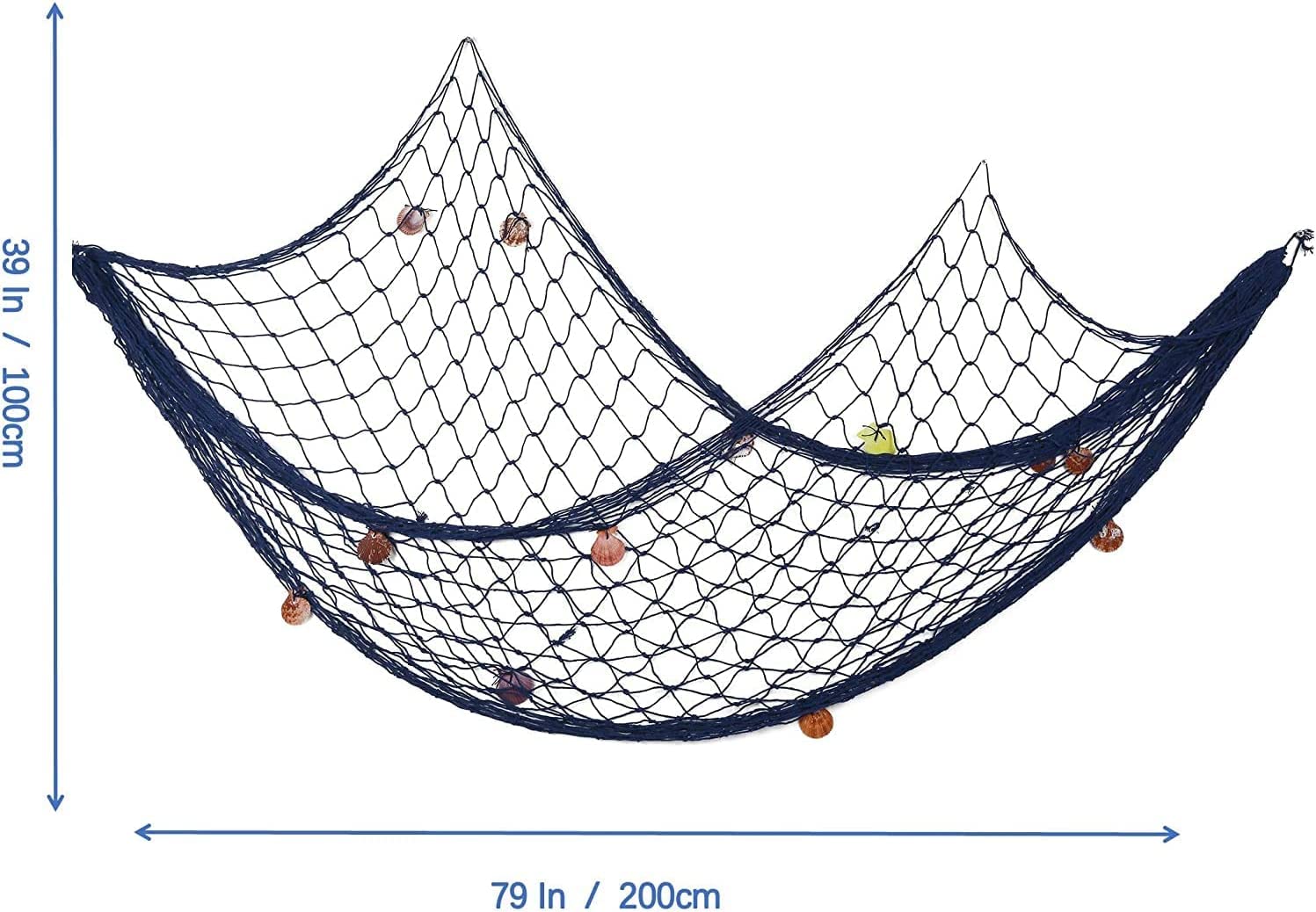 Fish Net Red Pesca Decoracion con Conchas,Red de Peces Decoración de Pared,Marco de Colgante Náutico Estilo Foto Playa del Océano Mediterráneo Decoración del Hogar 100 cm × 200 cm Azul