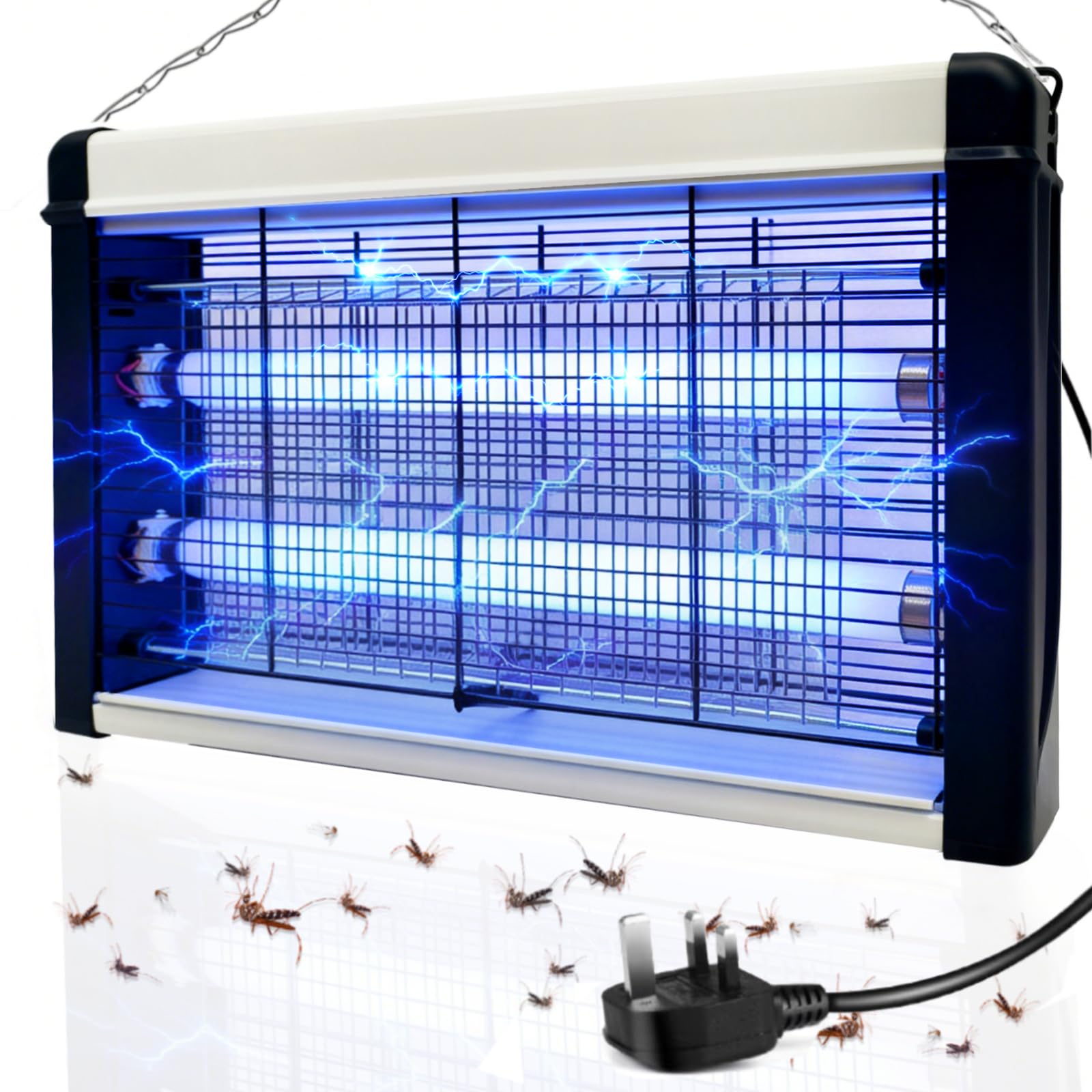 Fly Zapper Electric Indoor, 3500V High-Voltage Insect Killer with 20W UV Light (365nm), Powerful Mosquito & Fly Zapper with Washable Tray & Hanging Chain, Safe Quiet Operation, UK Plug