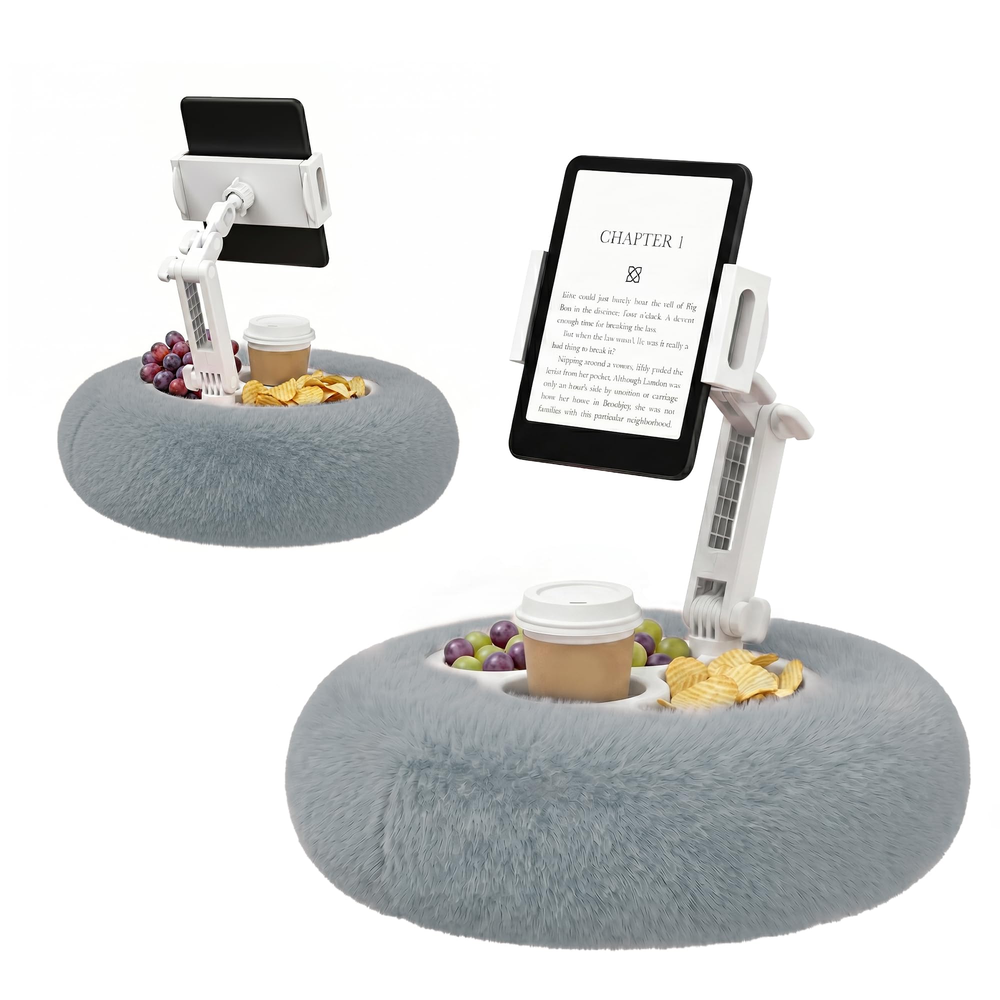 PlusAcc Cuscino per Kindle con 3 ciotole per snack – Cuscinetto porta-tablet, regolabile 360° per l’uso in grembo, supporto lettura mani libere per Kindle, Kobo, tablet, lavabile (Grigio)