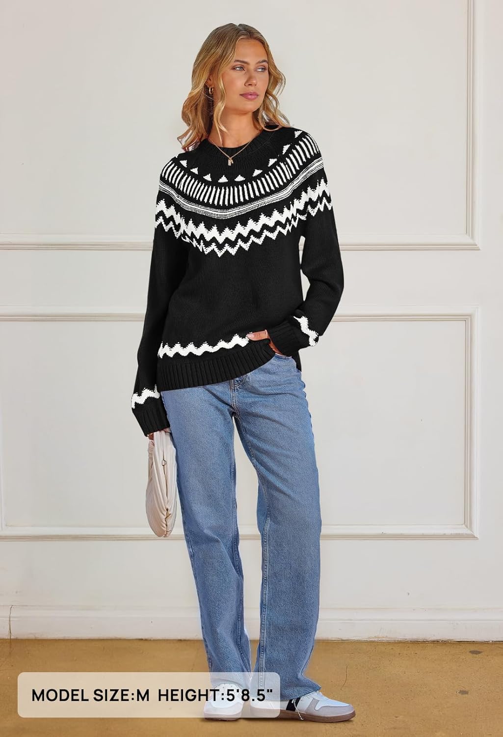 MEROKEETY Women's 2026 Fall Winter Fair Isle Argyle Pullover Sweater Striped Crew Neck Long Sleeve Vintage Knit Tops - Image 7