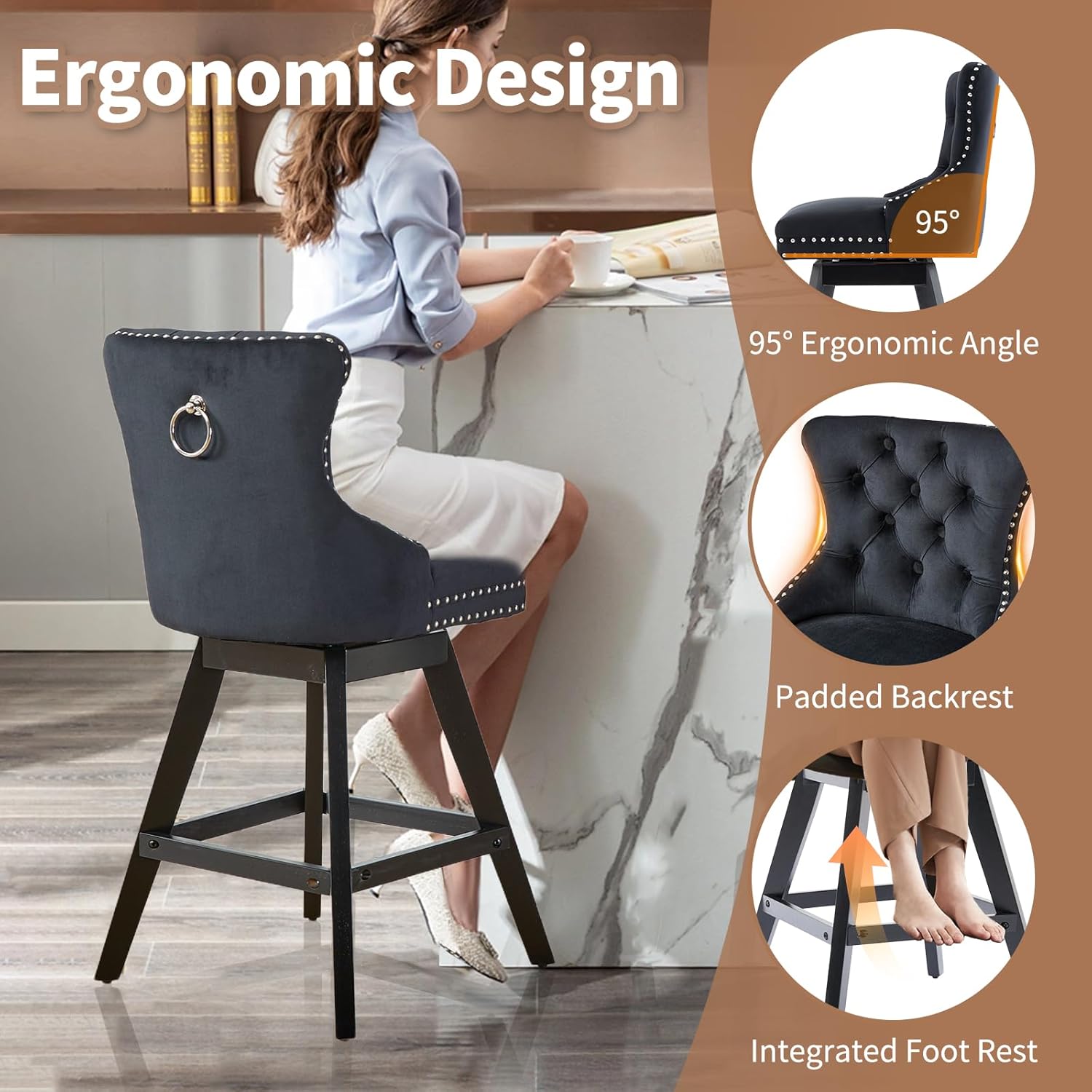 cinkehome Counter Height Swivel Bar Stools Set of 4, Velvet Upholstered Counter Bar Stools with Back, Bar Chairs with Solid Wood Legs for Kitchen Island Pub (Black, 26" H)