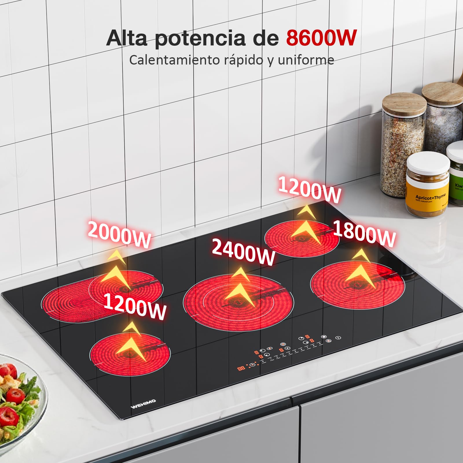 Wehimo -Placa Vitroceramica 5 Fuegos 9 niveles de Potencia,Control Táctil,Temporizador 99min, Dispositivo de Bloqueo de Seguridad,Indicador de Calor