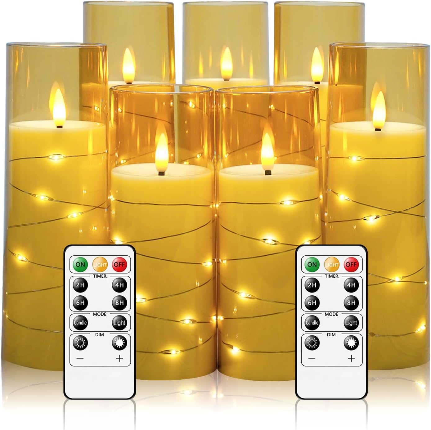 Flameless Candles with Embedded Star String, Battery Operated LED Pillar Candles with Timer and Remote Control, Home Decorating for Ambiance, Set of 7 (D 2.3"×H 5" 5" 6" 6" 7" 7" 7")(Gold)