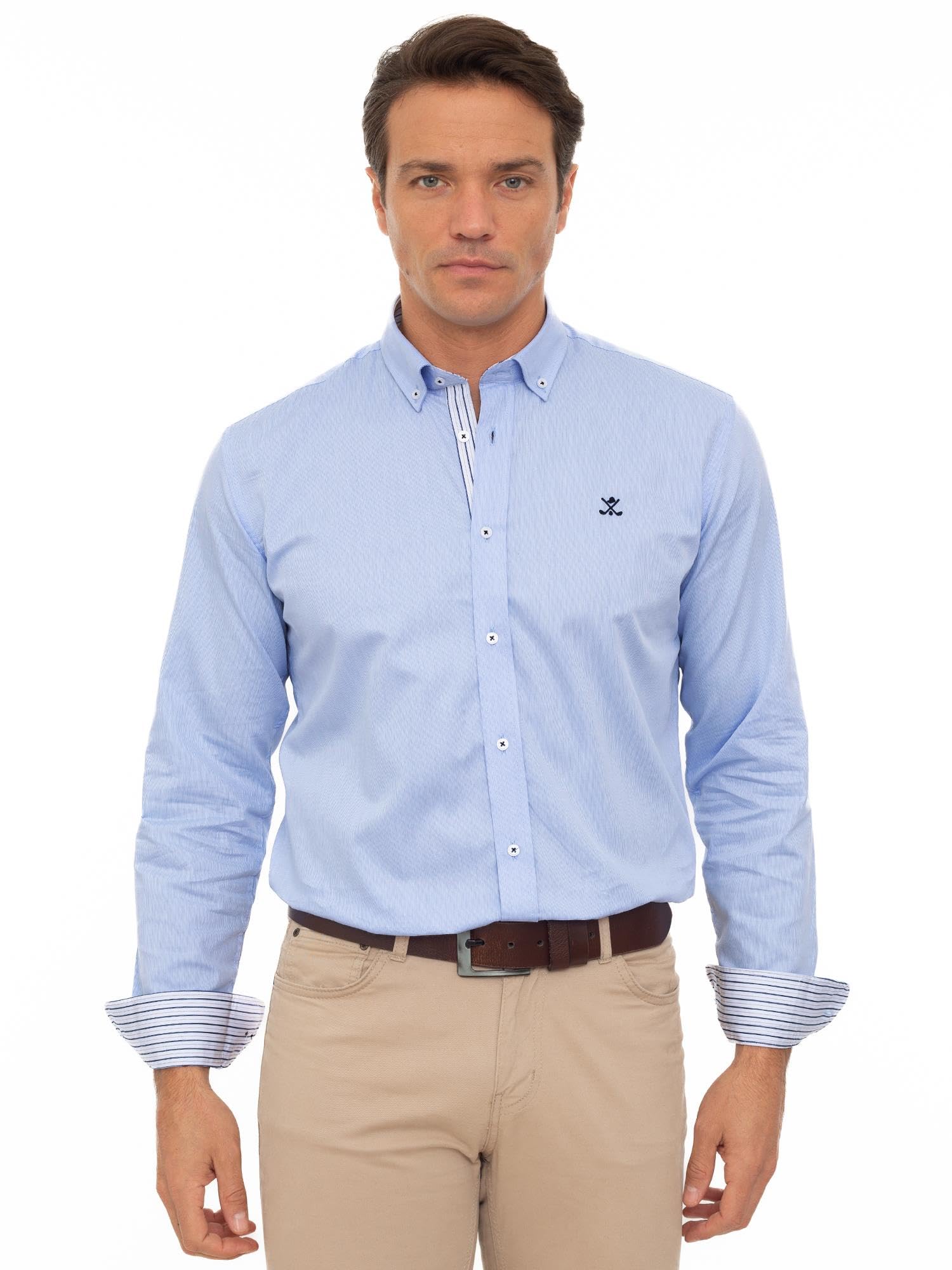 Men's Long Sleeve Cotton Buttoned Neck Shirt Regular Fit Light Blue