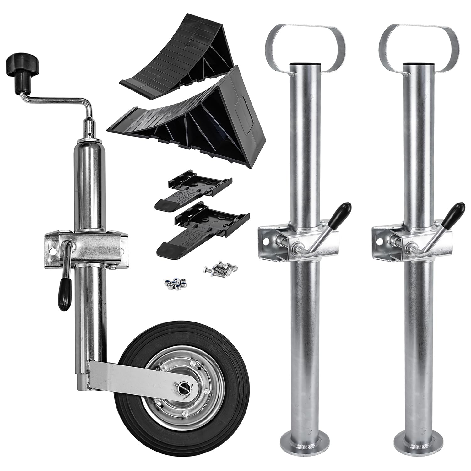 Trucky Set Stützrad für Anhänger + 2X Anhängerstützen + 2X Unterlegkeile Pkw Deichselrad Klemmhalter Anhängerstützrad Keil