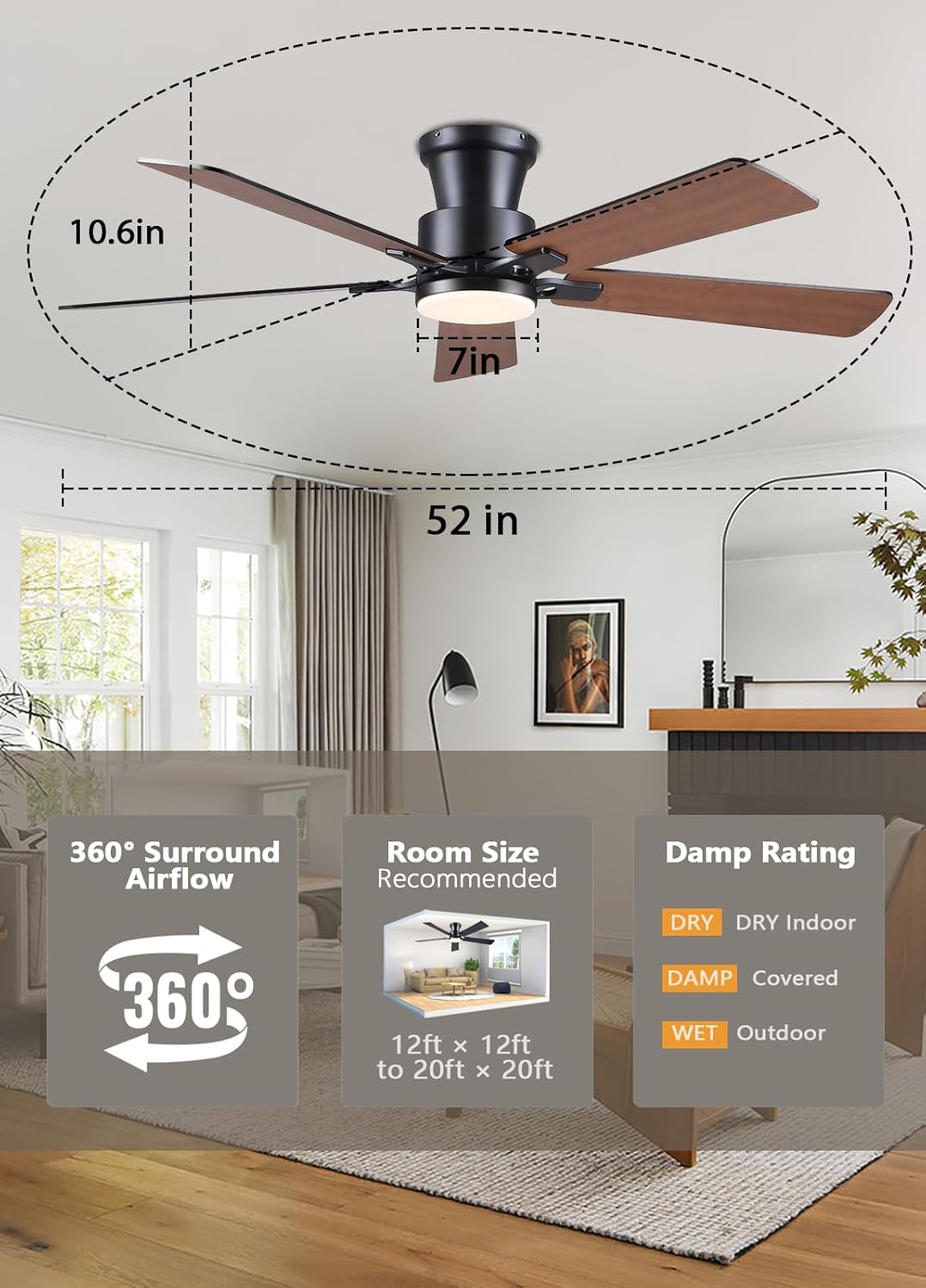 52Inch Ceiling Fan with Lights and Remotes, Modern Smart Flush Mount Ceiling Fans,DC Reversible Motor, 3CCT Dimmable,Noiseless,Dual Finish, Brown 6 Speeds Ceiling Fan for Indoor/Outdoor