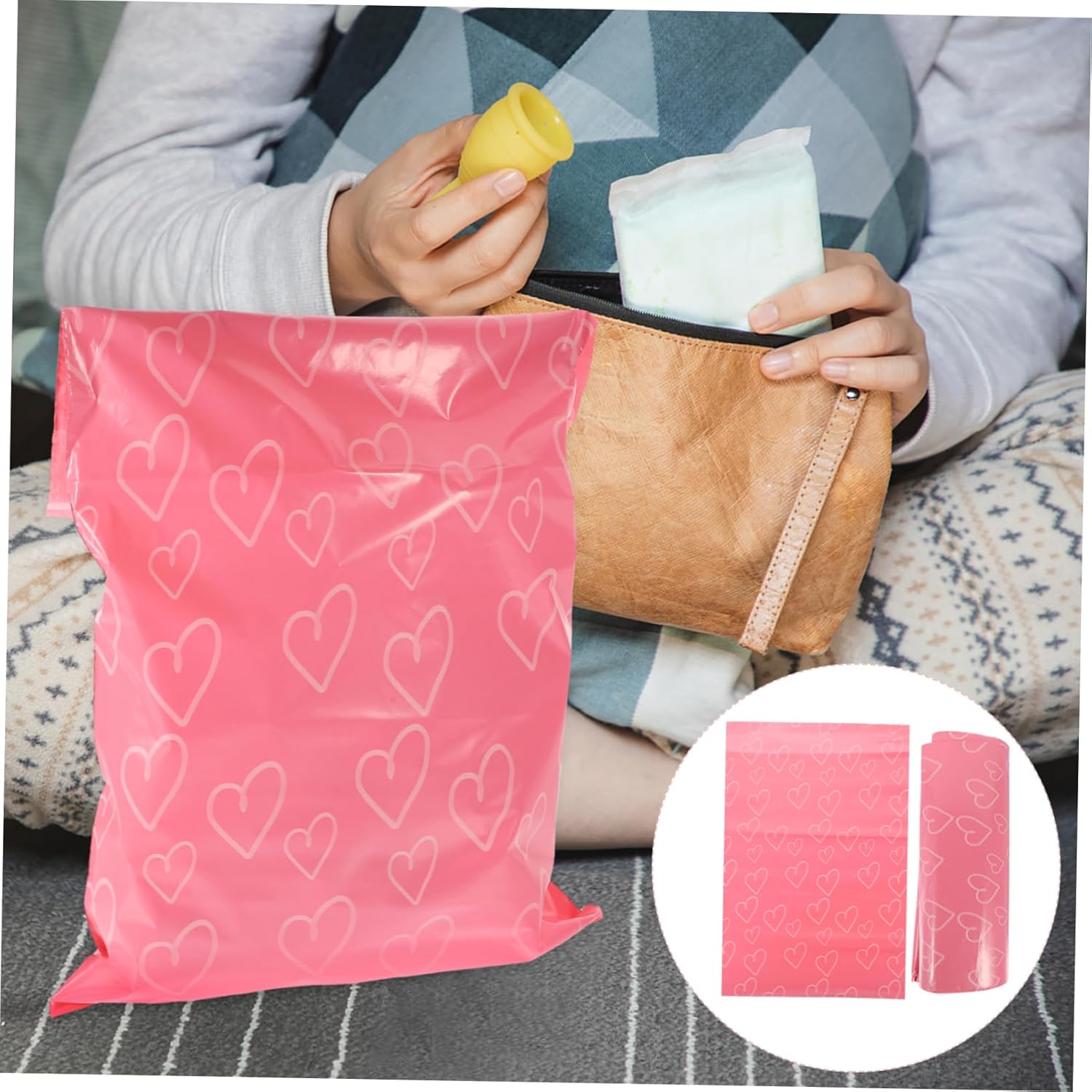 FOMIYES 100pcs Tampon Disposal Pouches Pink Heart Design Self-Adhesive Bags for Girls Convenient Sealing for Sanitary Products Personal Hygiene Packaging