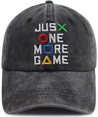 Just One More Game Hat for Men Women, Funny Adjustable Cotton Embroidered Gamer Baseball Cap